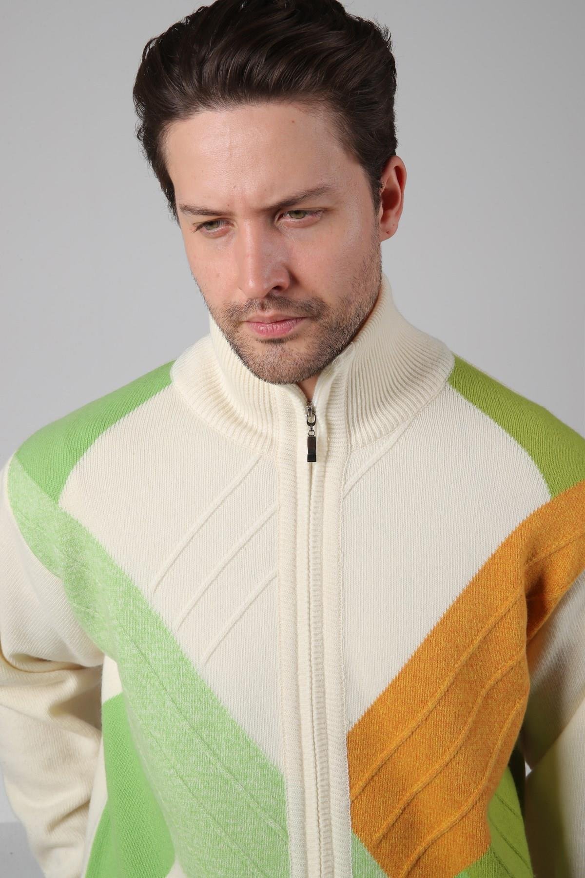 Ferraro Ekru/Yeşil Balıkçı Yaka Fermuarlı Renk Bloklu Fermuarlı Uzun Kollu %100 Kuzu Yünü Erkek Triko Ceket