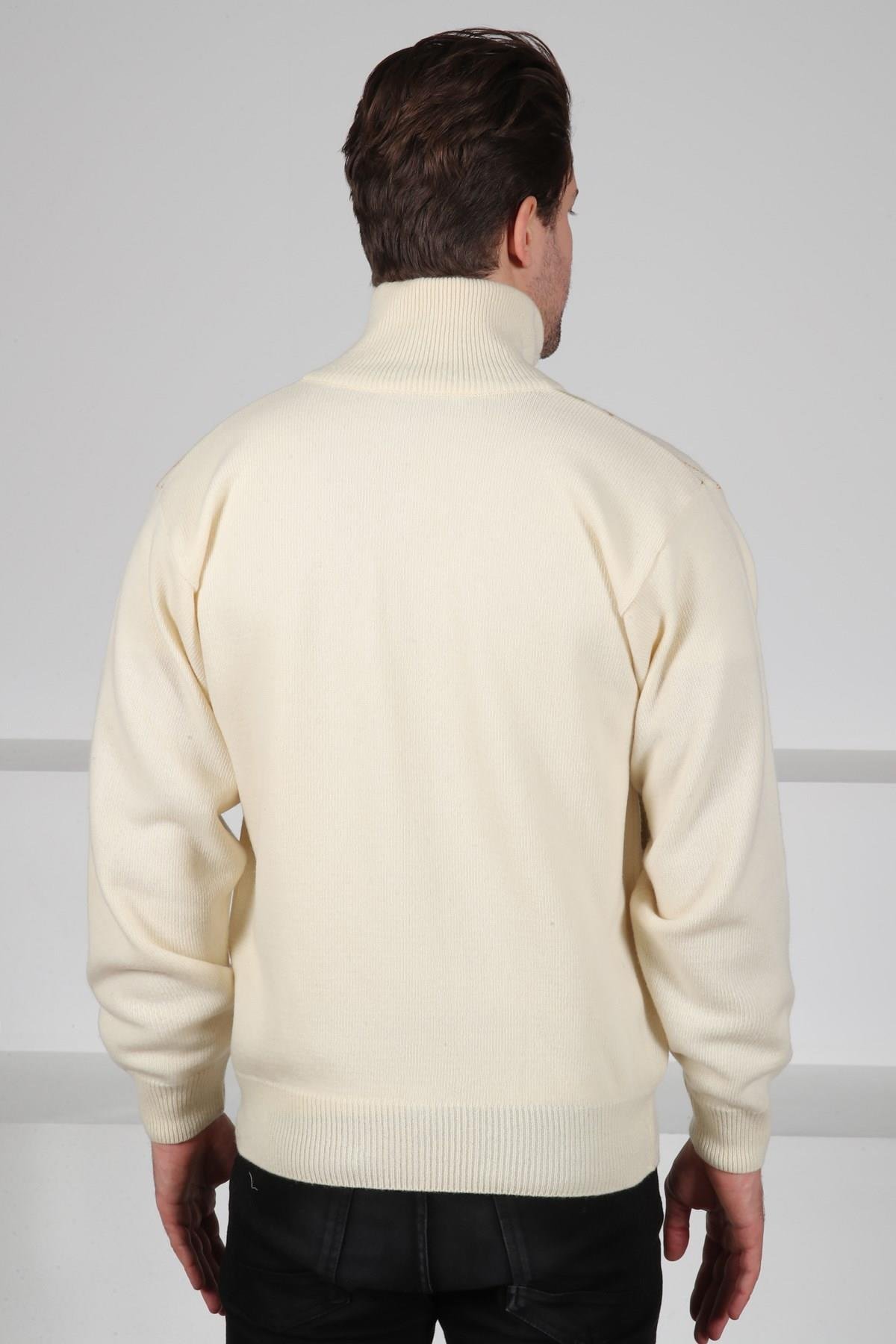 Ferraro Ekru/Yeşil Balıkçı Yaka Fermuarlı Yeşil Baklava Desenli Uzun Kollu %100 Kuzu Yünü Erkek Triko Ceket