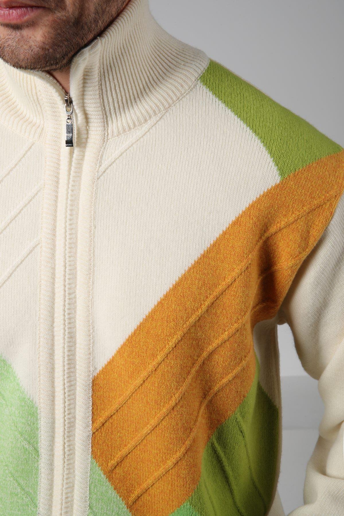 Ferraro Ekru/Yeşil Balıkçı Yaka Fermuarlı Renk Bloklu Fermuarlı Uzun Kollu %100 Kuzu Yünü Erkek Triko Ceket