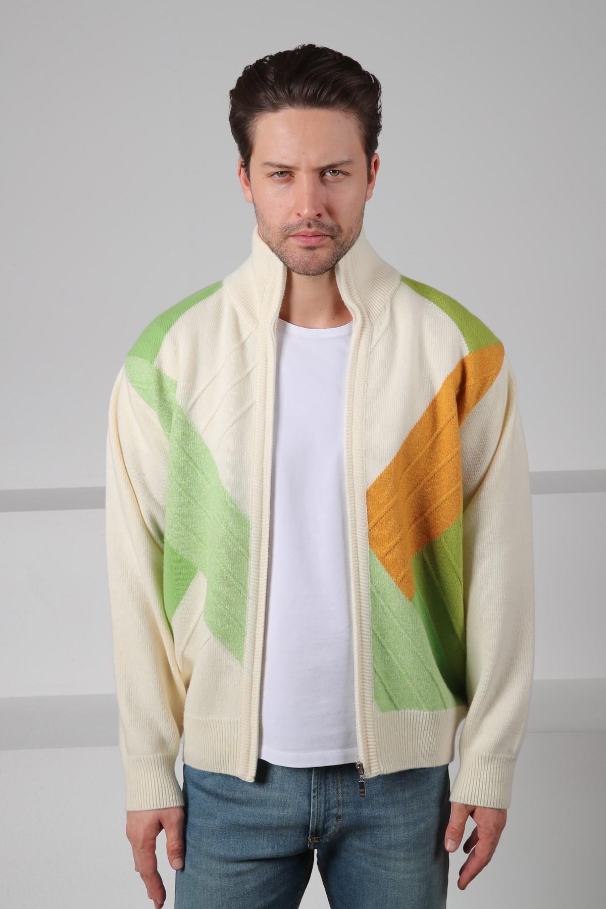 Ferraro Ekru/Yeşil Balıkçı Yaka Fermuarlı Renk Bloklu Fermuarlı Uzun Kollu %100 Kuzu Yünü Erkek Triko Ceket