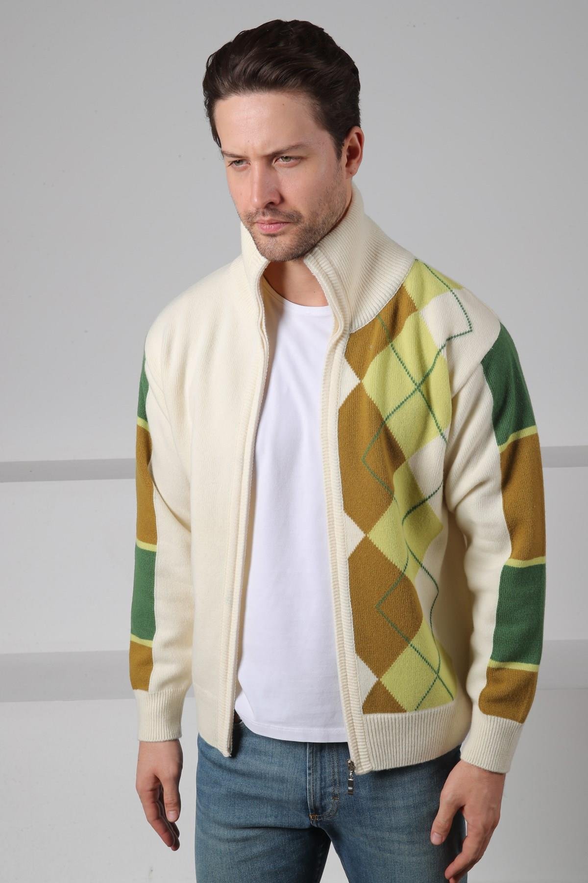 Ferraro Ekru/Yeşil Balıkçı Yaka Fermuarlı Diyagonal Desenli Uzun Kollu %100 Kuzu Yünü Erkek Triko Ceket