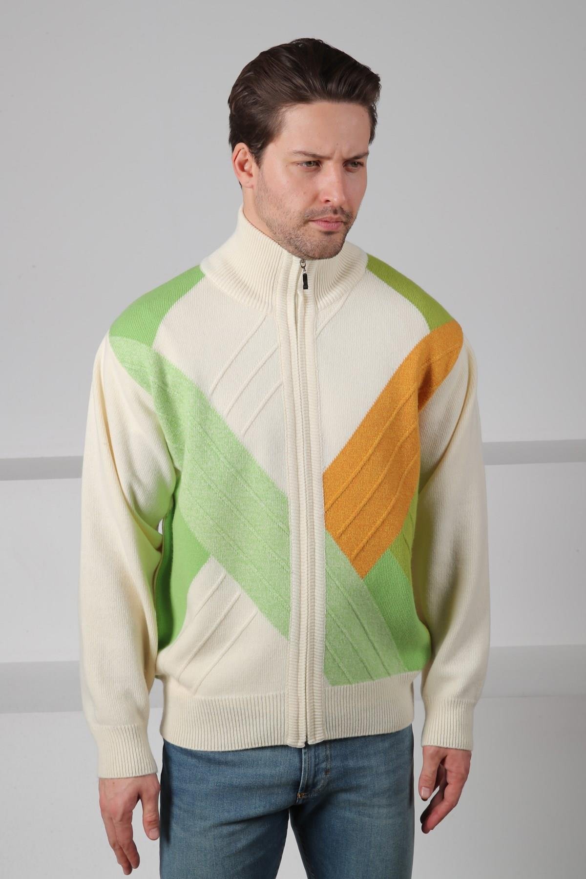 Ferraro Ekru/Yeşil Balıkçı Yaka Fermuarlı Renk Bloklu Fermuarlı Uzun Kollu %100 Kuzu Yünü Erkek Triko Ceket