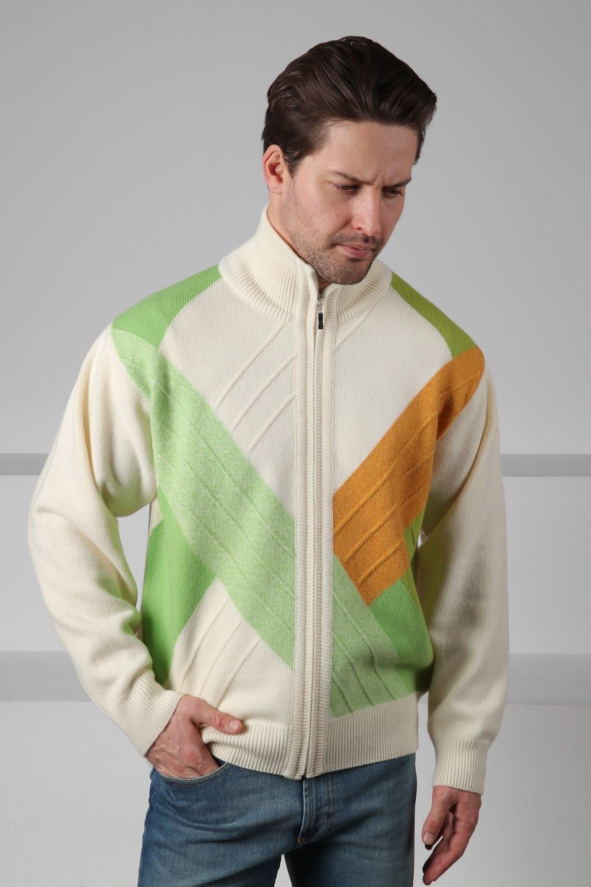 Ferraro Ekru/Yeşil Balıkçı Yaka Fermuarlı Renk Bloklu Fermuarlı Uzun Kollu %100 Kuzu Yünü Erkek Triko Ceket