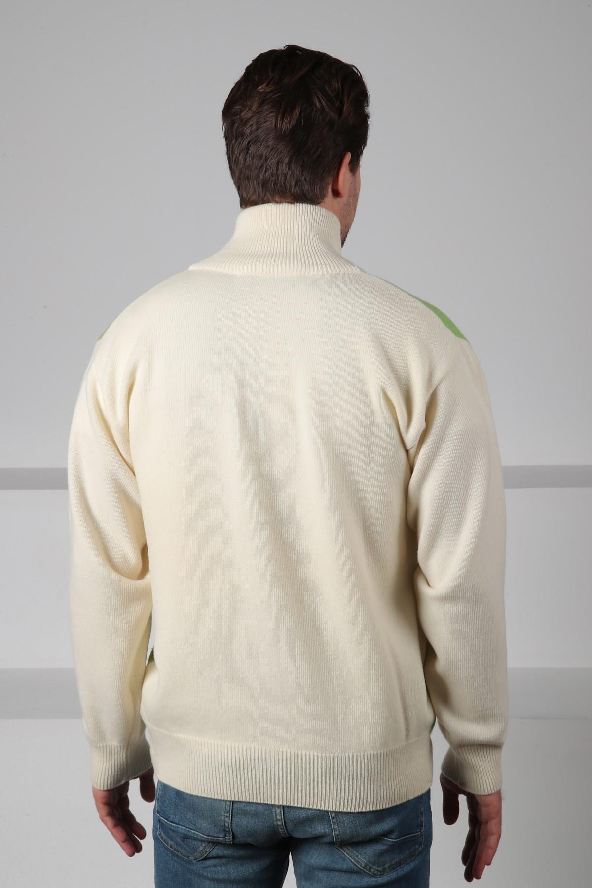Ferraro Ekru/Yeşil Balıkçı Yaka Fermuarlı Renk Bloklu Fermuarlı Uzun Kollu %100 Kuzu Yünü Erkek Triko Ceket