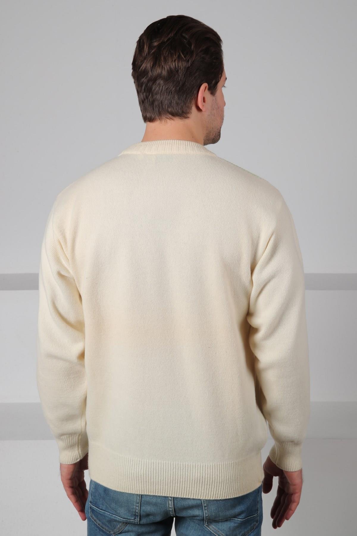 Ferraro Ekru/Yeşil Bisiklet Yaka Baklava Desenli Uzun Kollu %100 Kuzu Yünü Erkek Triko Kazak