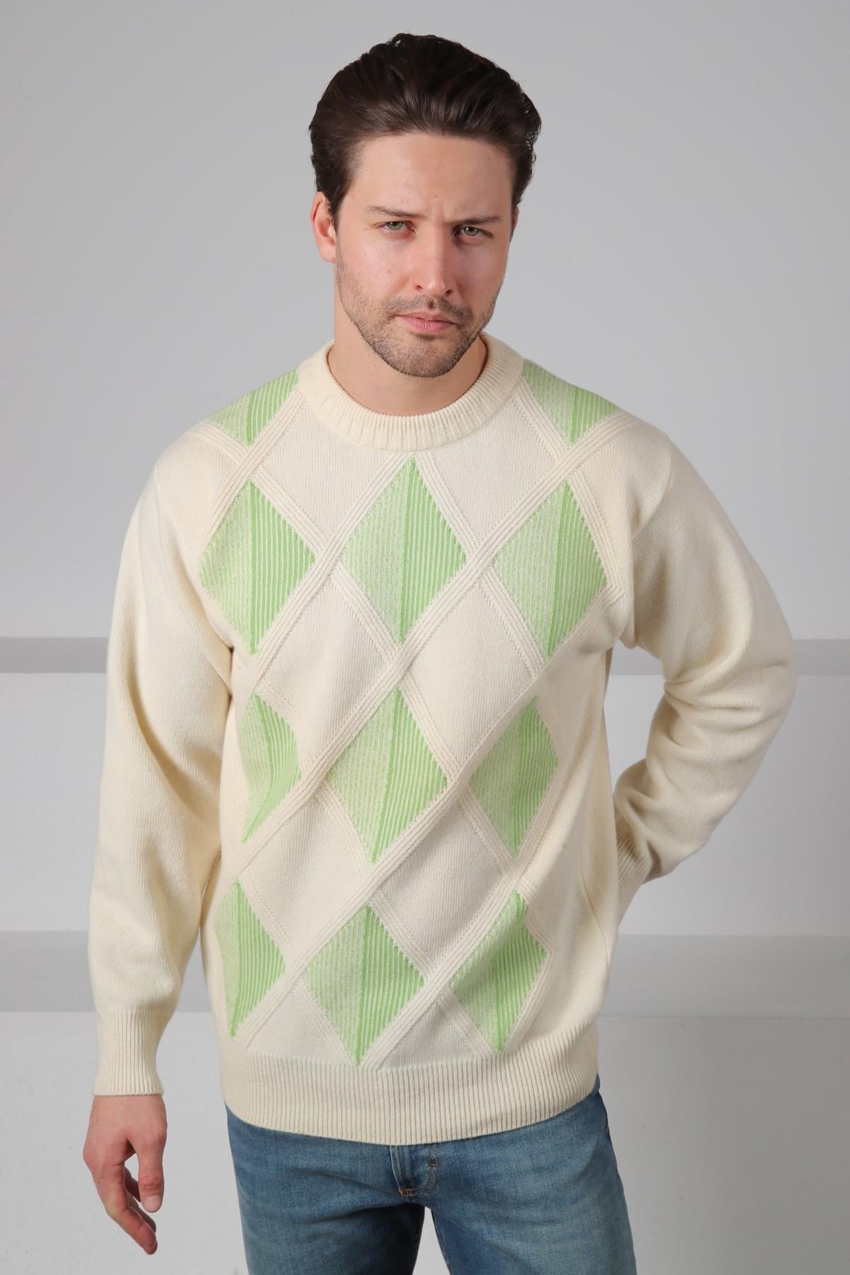 Ferraro Ekru/Yeşil Bisiklet Yaka Baklava Desenli Uzun Kollu %100 Kuzu Yünü Erkek Triko Kazak