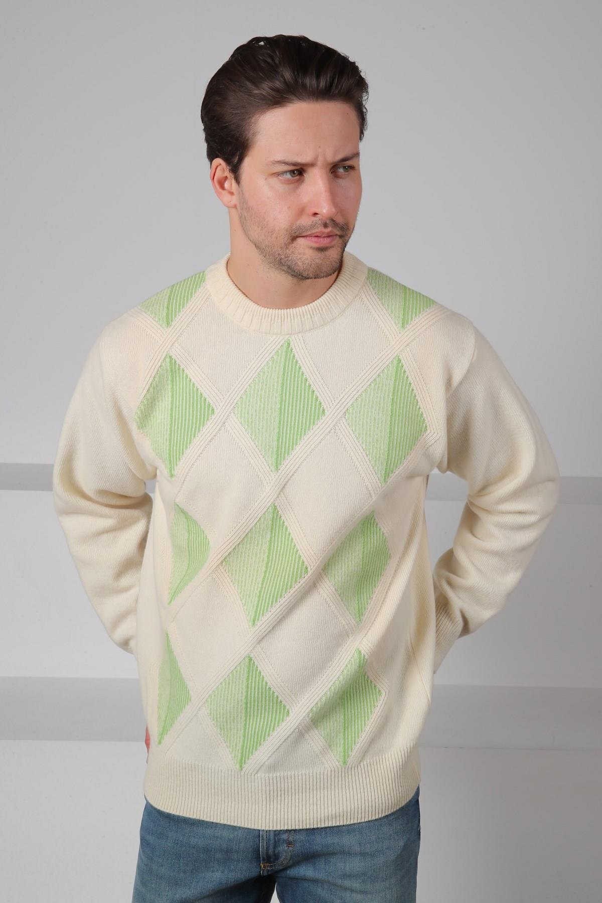 Ferraro Ekru/Yeşil Bisiklet Yaka Baklava Desenli Uzun Kollu %100 Kuzu Yünü Erkek Triko Kazak