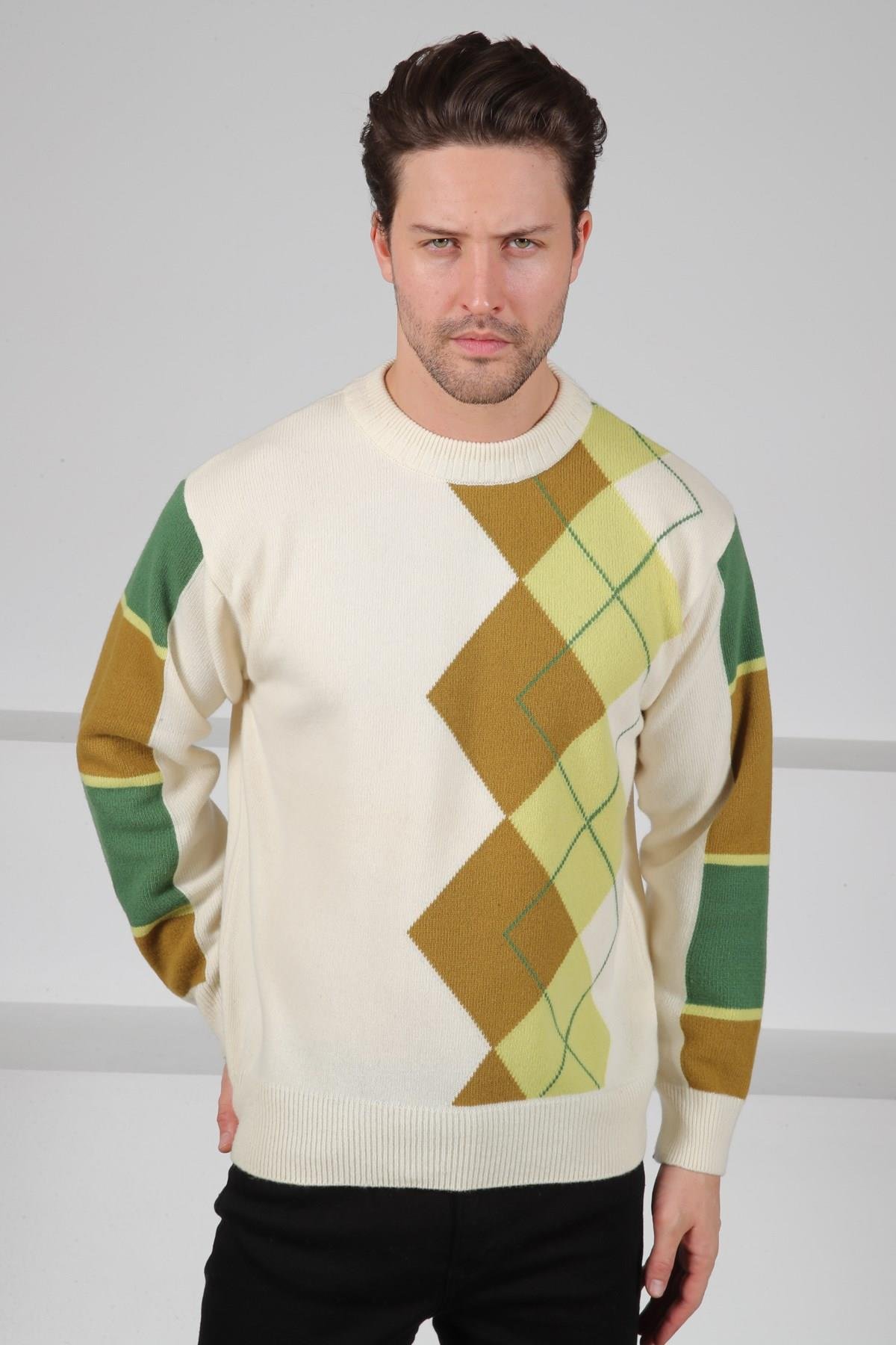 Ferraro Ekru/Yeşil Bisiklet Yaka Diyagonal Desenli Uzun Kollu %100 Kuzu Yünü Erkek Triko Kazak