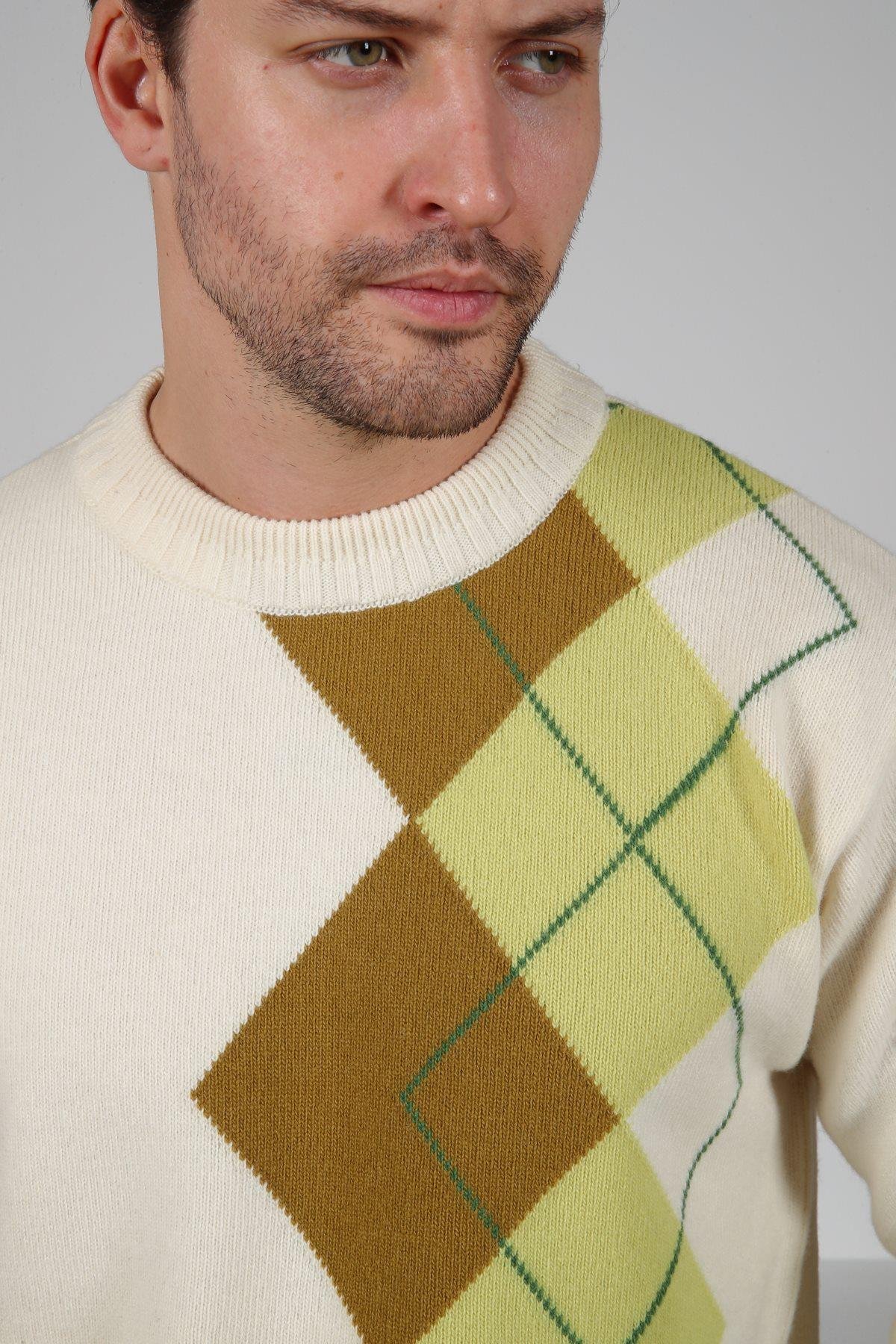 Ferraro Ekru/Yeşil Bisiklet Yaka Diyagonal Desenli Uzun Kollu %100 Kuzu Yünü Erkek Triko Kazak