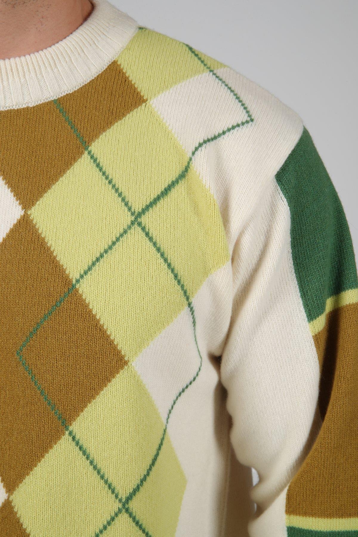 Ferraro Ekru/Yeşil Bisiklet Yaka Diyagonal Desenli Uzun Kollu %100 Kuzu Yünü Erkek Triko Kazak