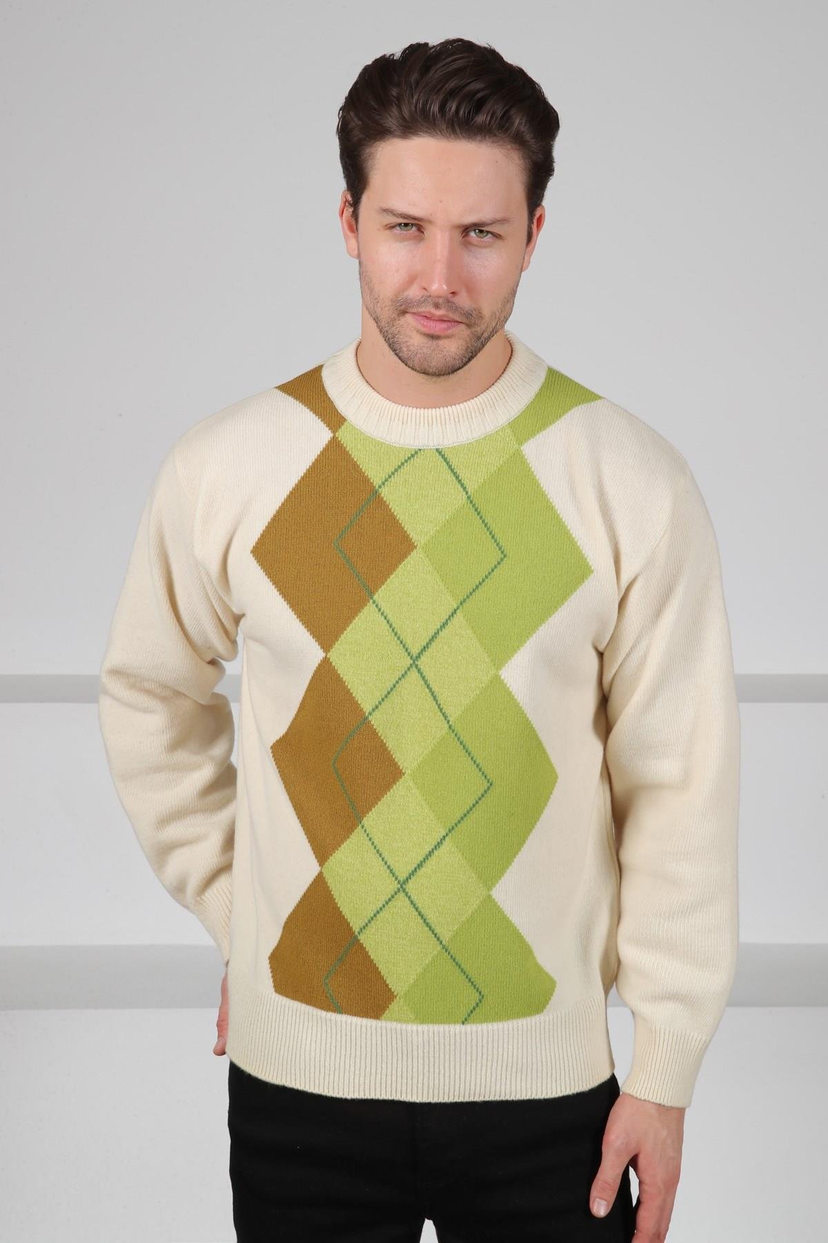 Ferraro Ekru/Yeşil Bisiklet Yaka Geometrik Zigzag Desenli Uzun Kollu %100 Kuzu Yünü Erkek Triko Kazak