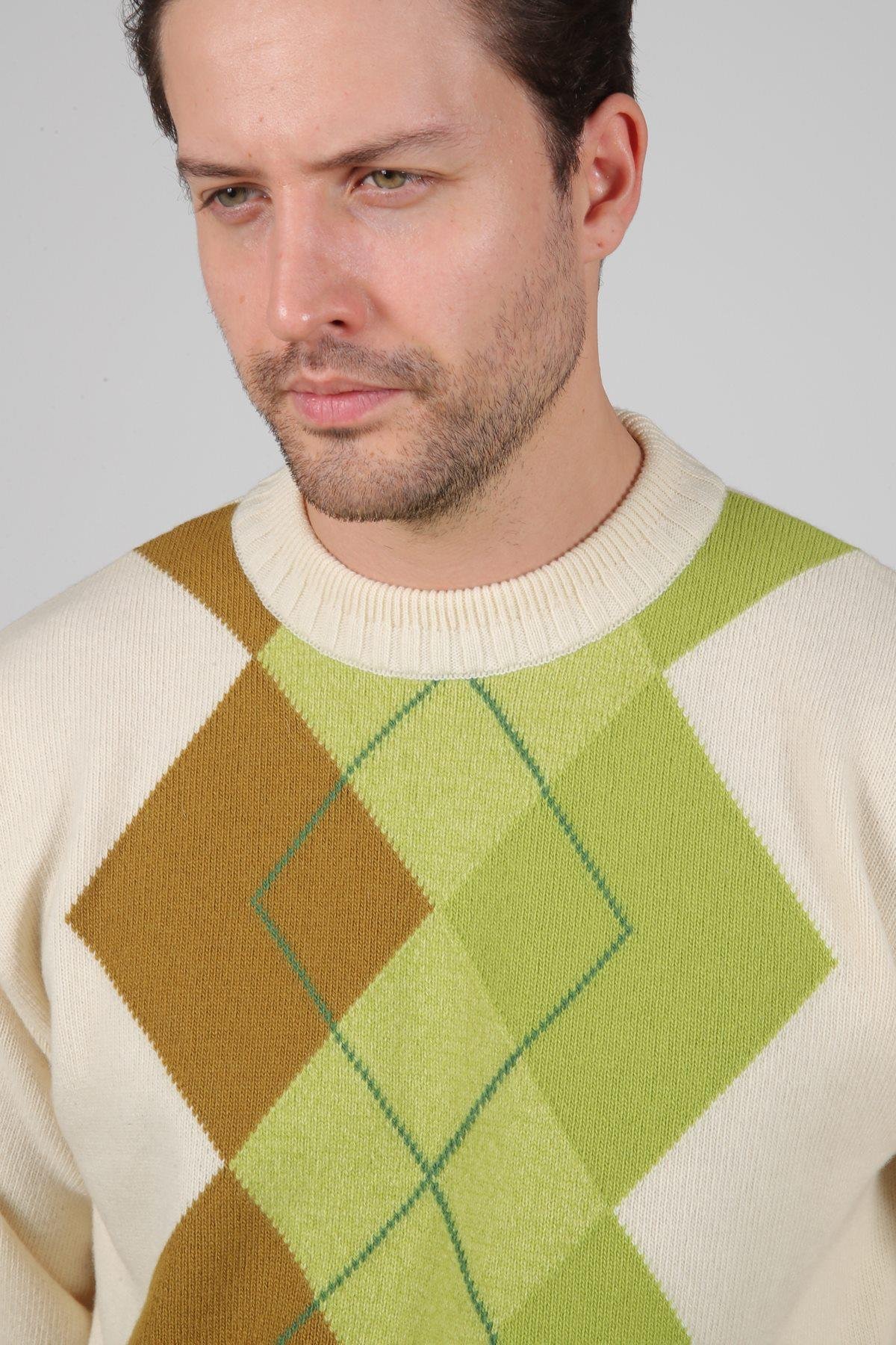 Ferraro Ekru/Yeşil Bisiklet Yaka Geometrik Zigzag Desenli Uzun Kollu %100 Kuzu Yünü Erkek Triko Kazak