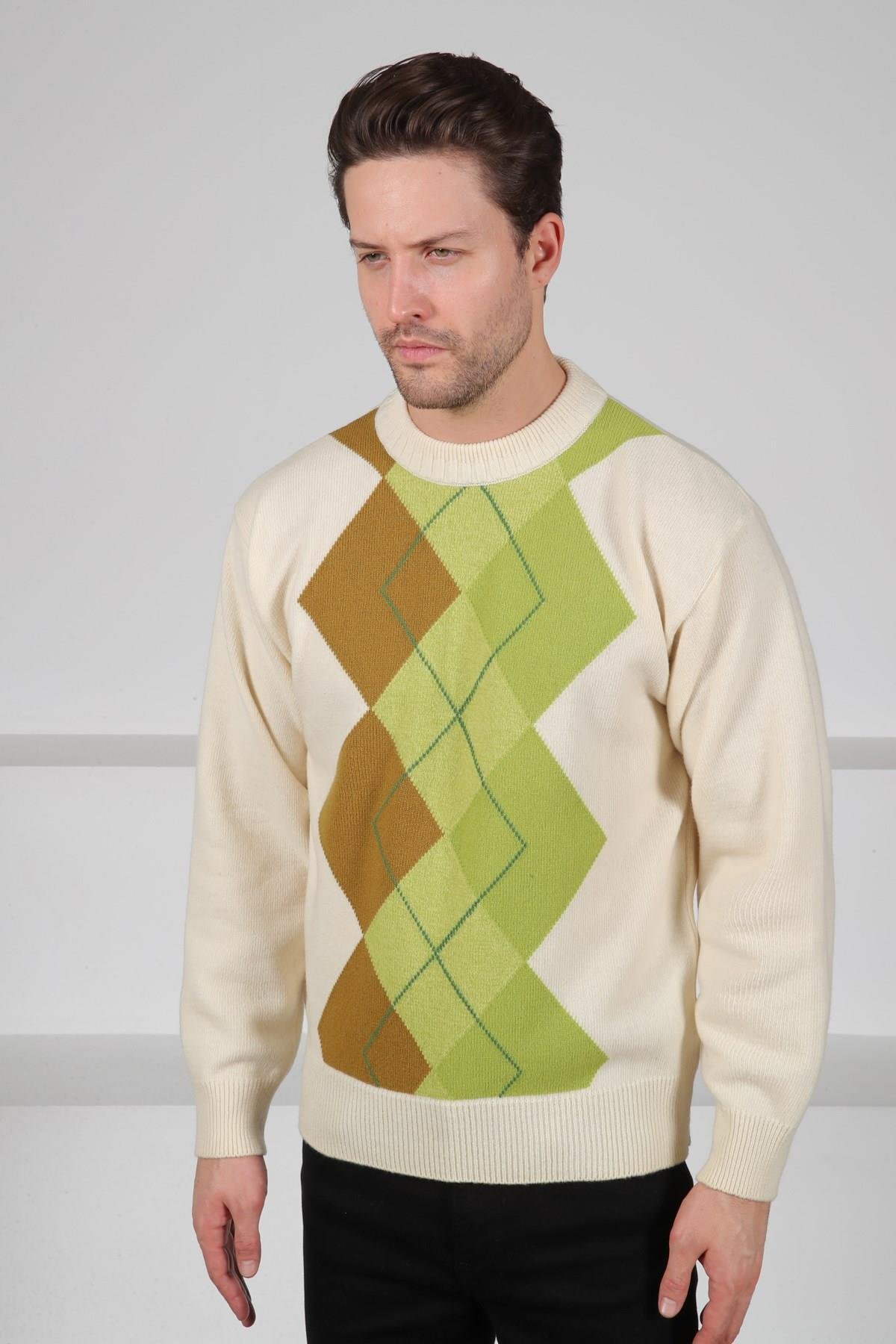 Ferraro Ekru/Yeşil Bisiklet Yaka Geometrik Zigzag Desenli Uzun Kollu %100 Kuzu Yünü Erkek Triko Kazak