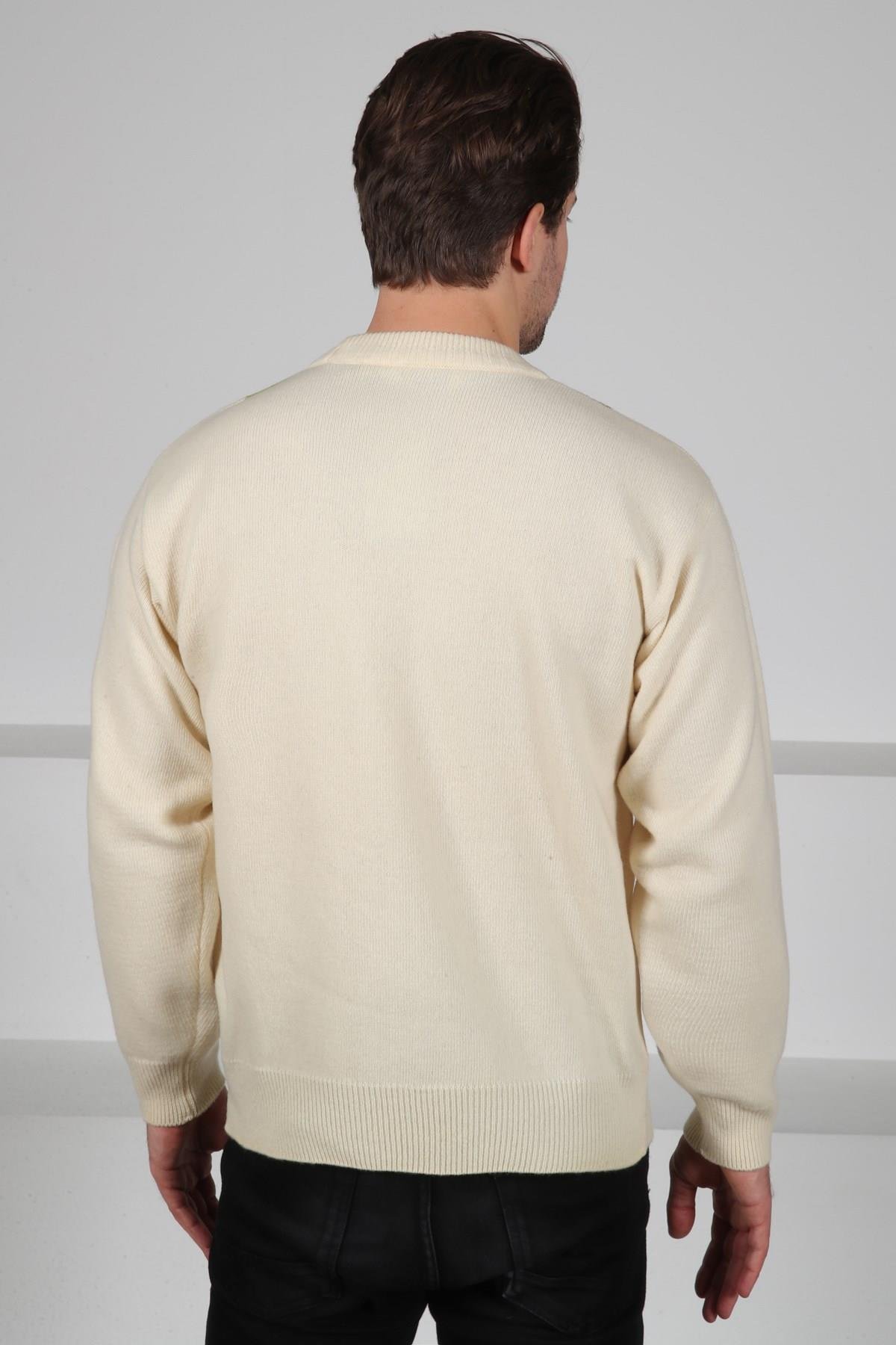 Ferraro Ekru/Yeşil Bisiklet Yaka Geometrik Zigzag Desenli Uzun Kollu %100 Kuzu Yünü Erkek Triko Kazak