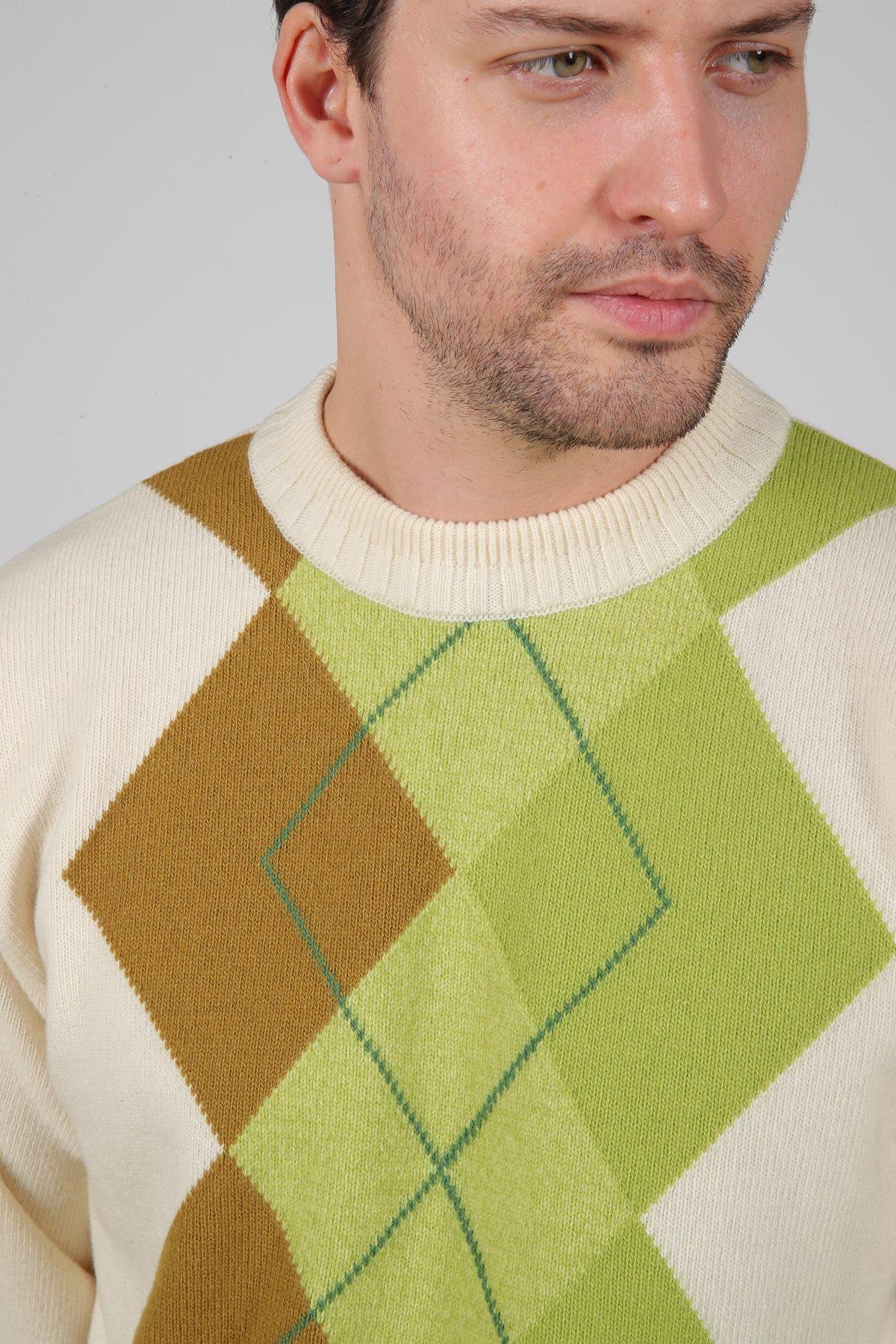 Ferraro Ekru/Yeşil Bisiklet Yaka Geometrik Zigzag Desenli Uzun Kollu %100 Kuzu Yünü Erkek Triko Kazak