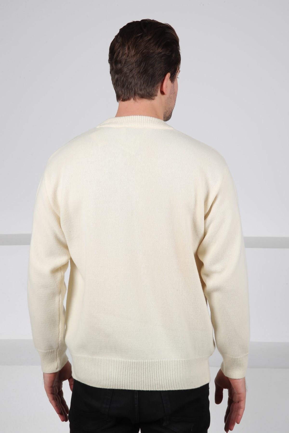 Ferraro Ekru/Yeşil Bisiklet Yaka Yeşil ve Hardal Detaylı Uzun Kollu %100 Kuzu Yünü Erkek Triko Kazak