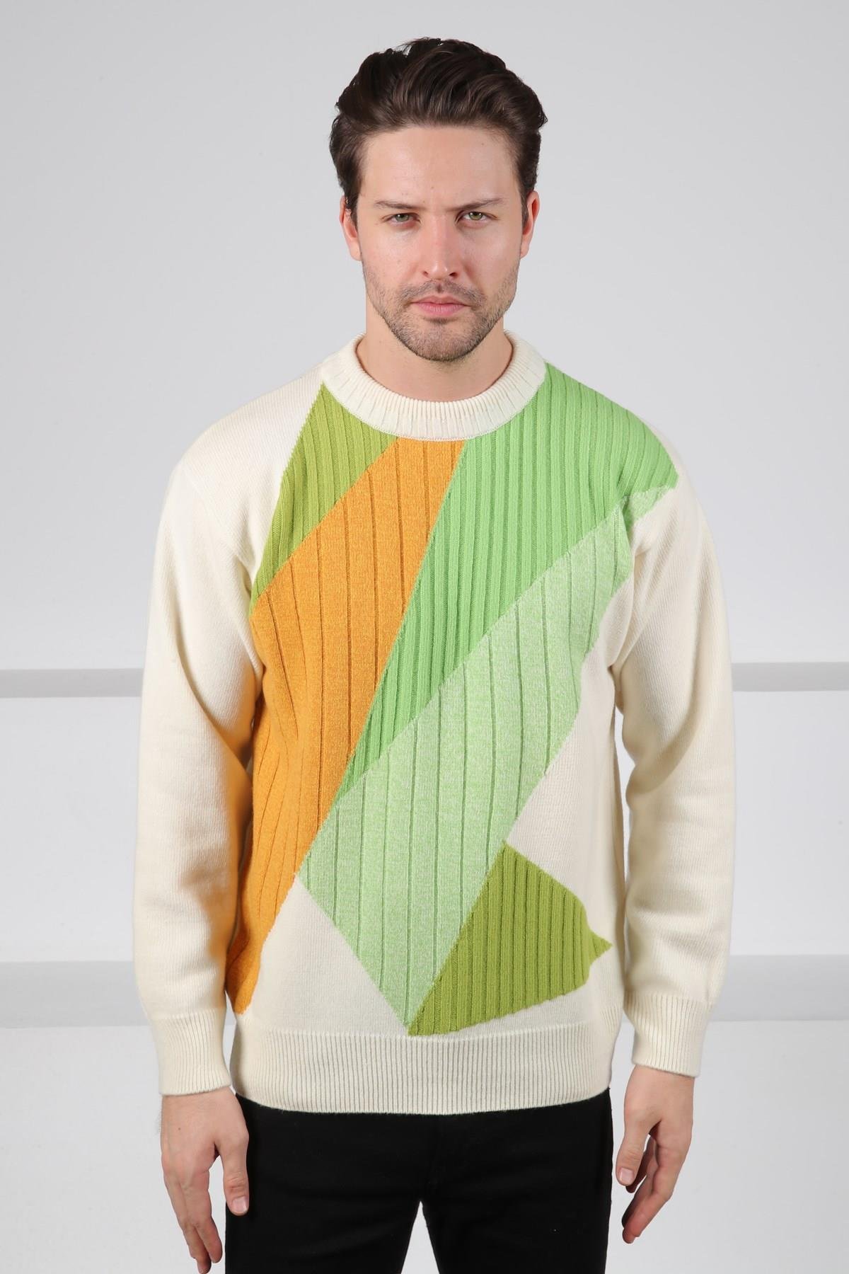Ferraro Ekru/Yeşil Bisiklet Yaka Yeşil ve Hardal Detaylı Uzun Kollu %100 Kuzu Yünü Erkek Triko Kazak
