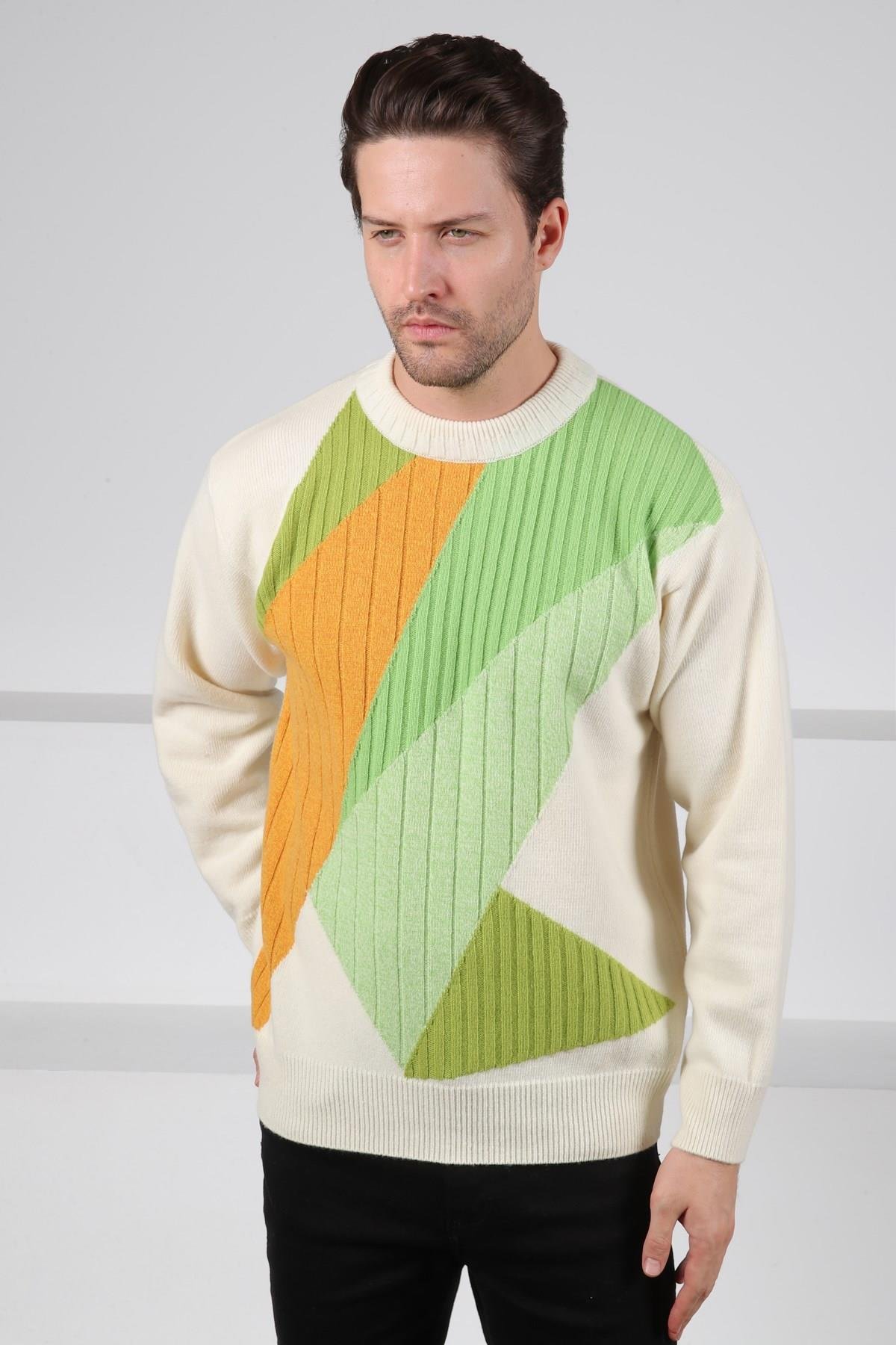 Ferraro Ekru/Yeşil Bisiklet Yaka Yeşil ve Hardal Detaylı Uzun Kollu %100 Kuzu Yünü Erkek Triko Kazak