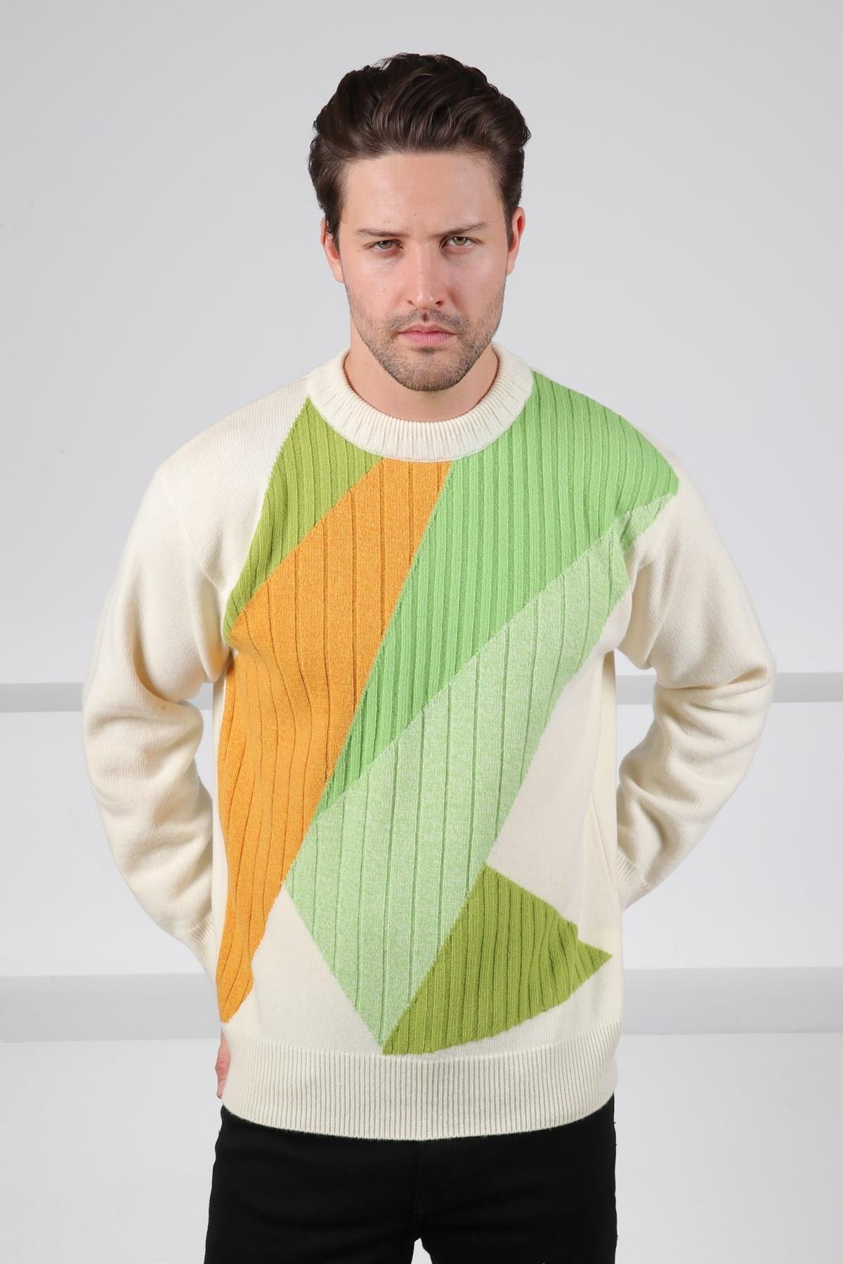 Ferraro Ekru/Yeşil Bisiklet Yaka Yeşil ve Hardal Detaylı Uzun Kollu %100 Kuzu Yünü Erkek Triko Kazak