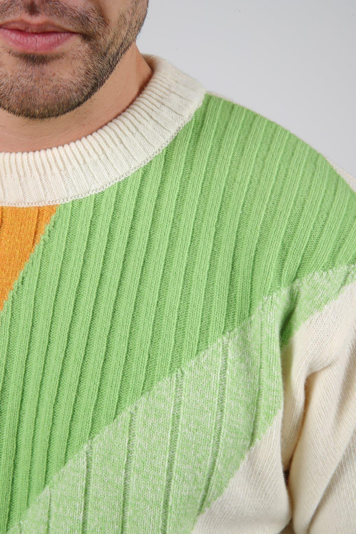 Ferraro Ekru/Yeşil Bisiklet Yaka Yeşil ve Hardal Detaylı Uzun Kollu %100 Kuzu Yünü Erkek Triko Kazak