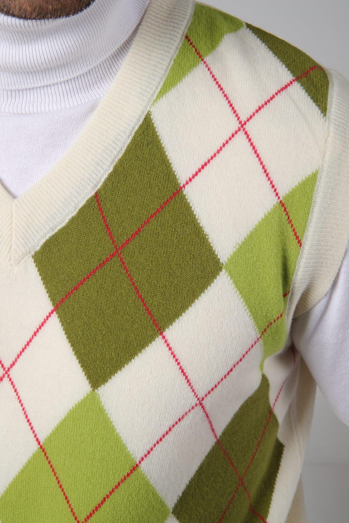 Ferraro Ekru/Yeşil V Yaka Çok Renkli Baklava Desenli Kolsuz %100 Kuzu Yünü Erkek Triko Süveter