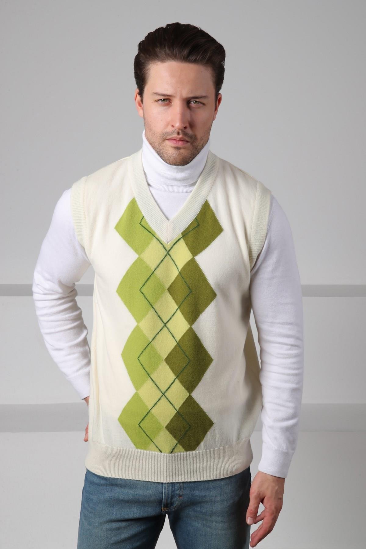Ferraro Ekru/Yeşil V Yaka Diyagonal Desenli Uzun Kollu %100 Kuzu Yünü Erkek Triko Süveter