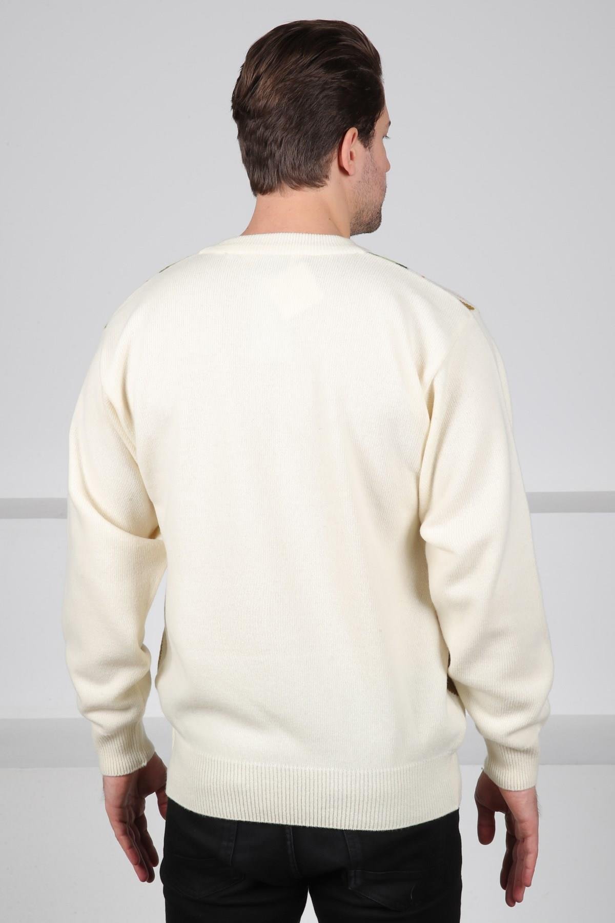 Ferraro Ekru/Yeşil V Yaka Yeşil Baklava Desenli Uzun Kollu %100 Kuzu Yünü Erkek Triko Kazak