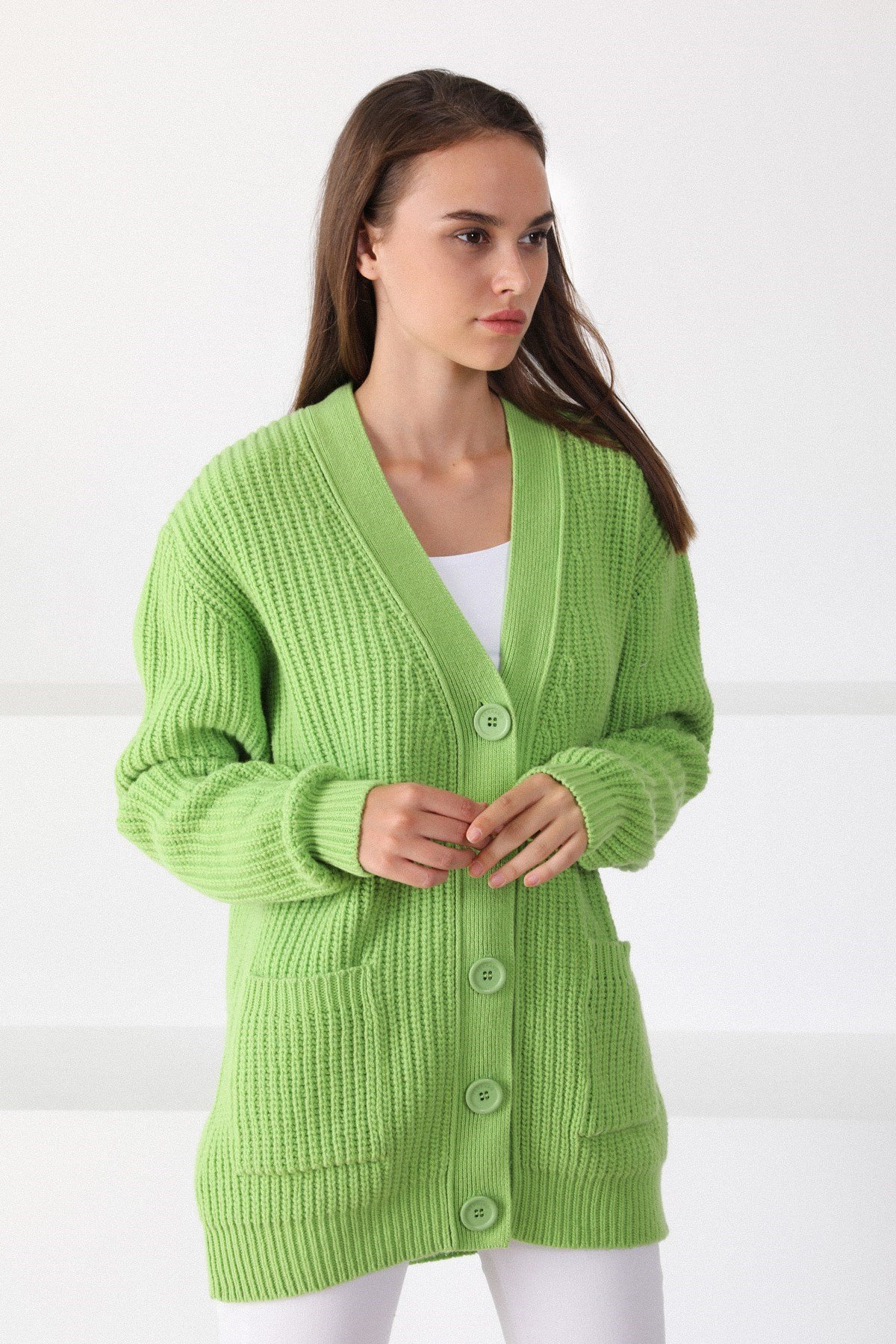 Ferraro Elma Kuzu Yünü Oversize Kadın Triko Hırka