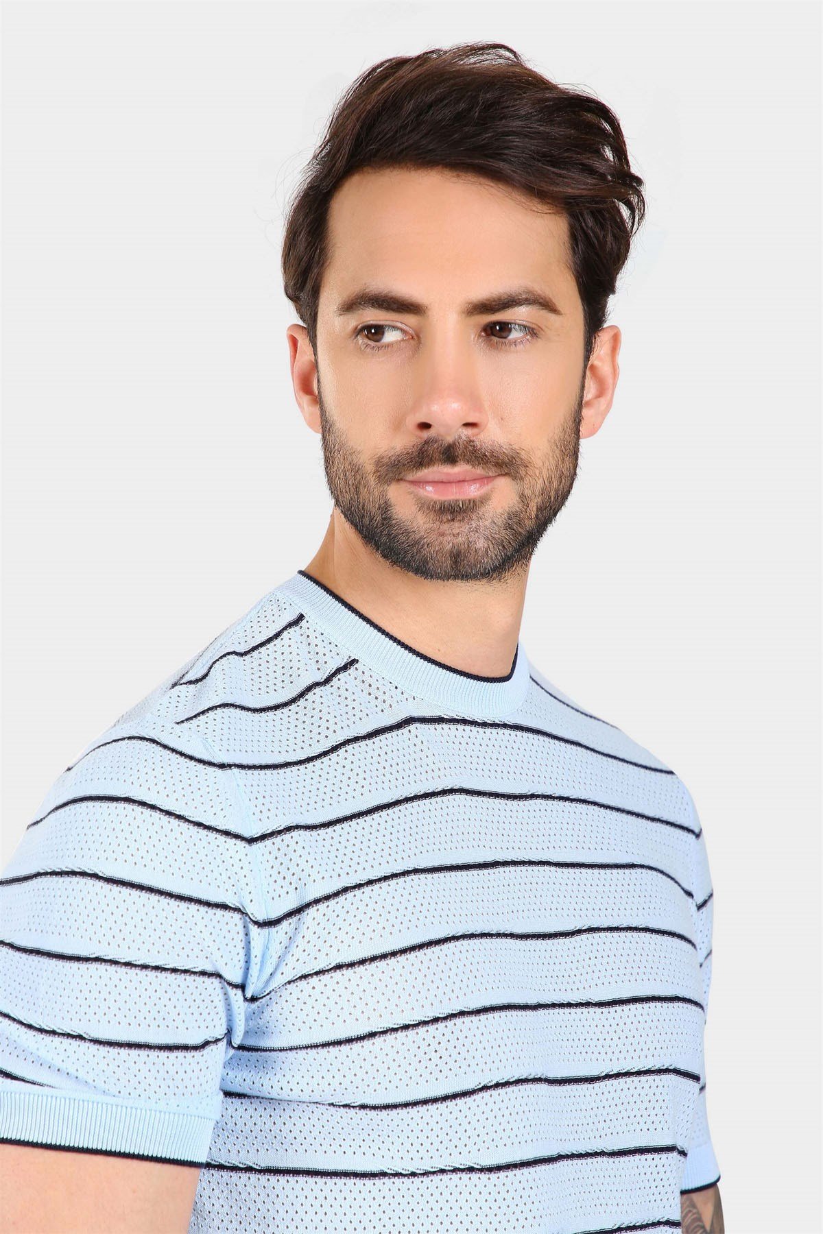 Ferraro Erkek Çizgili Delikli Bisiklet Yaka Triko T Shirt - Mavi Lacivert