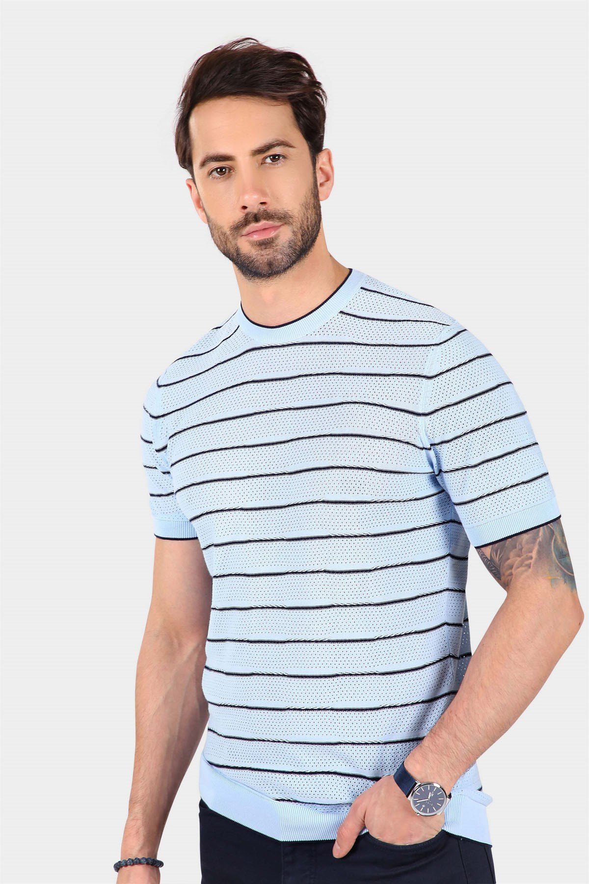 Ferraro Erkek Çizgili Delikli Bisiklet Yaka Triko T Shirt - Mavi Lacivert