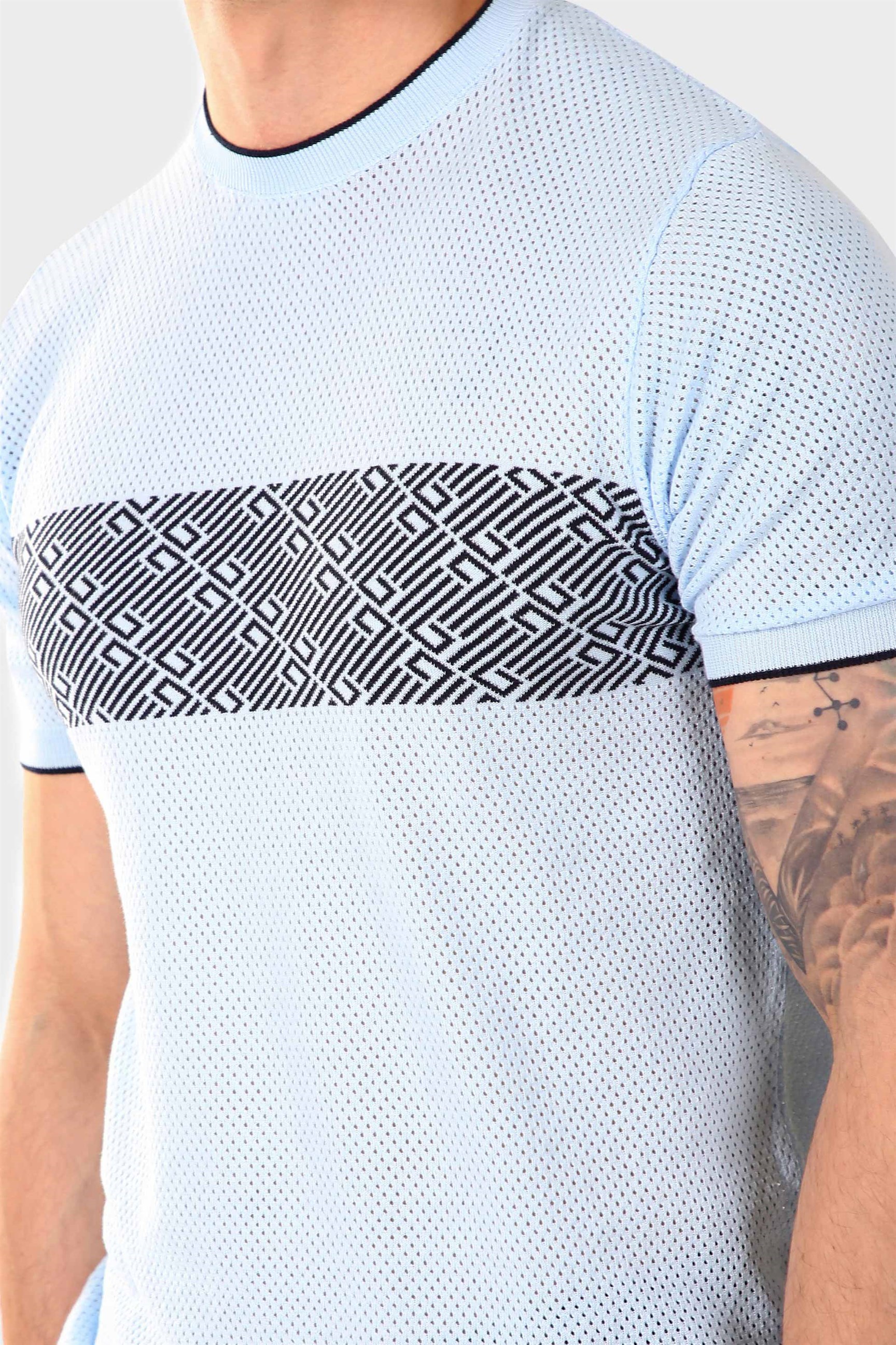 Ferraro Erkek Desenli Delikli Bisiklet Yaka Triko T Shirt - Mavi Lacivert