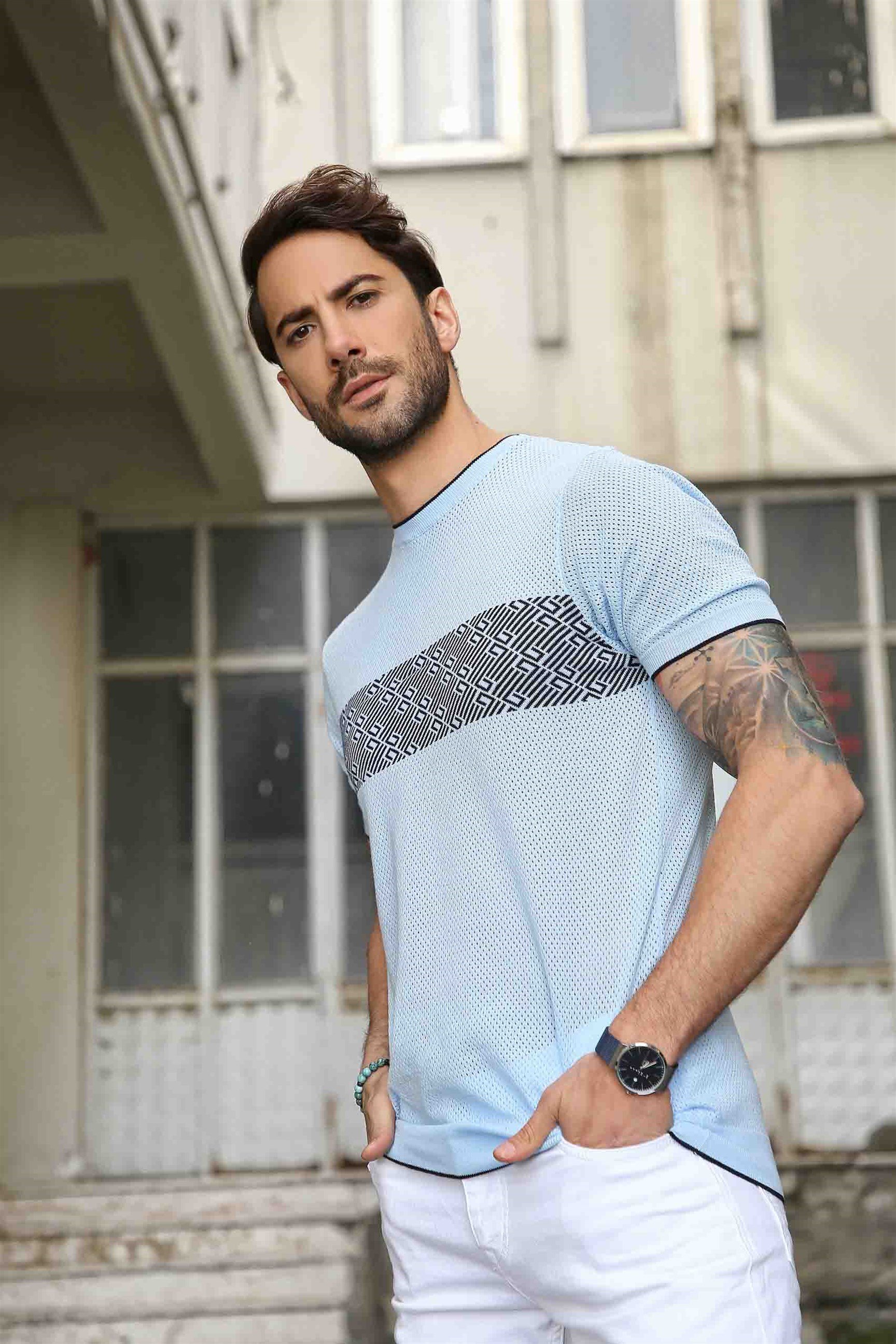 Ferraro Erkek Desenli Delikli Bisiklet Yaka Triko T Shirt - Mavi Lacivert