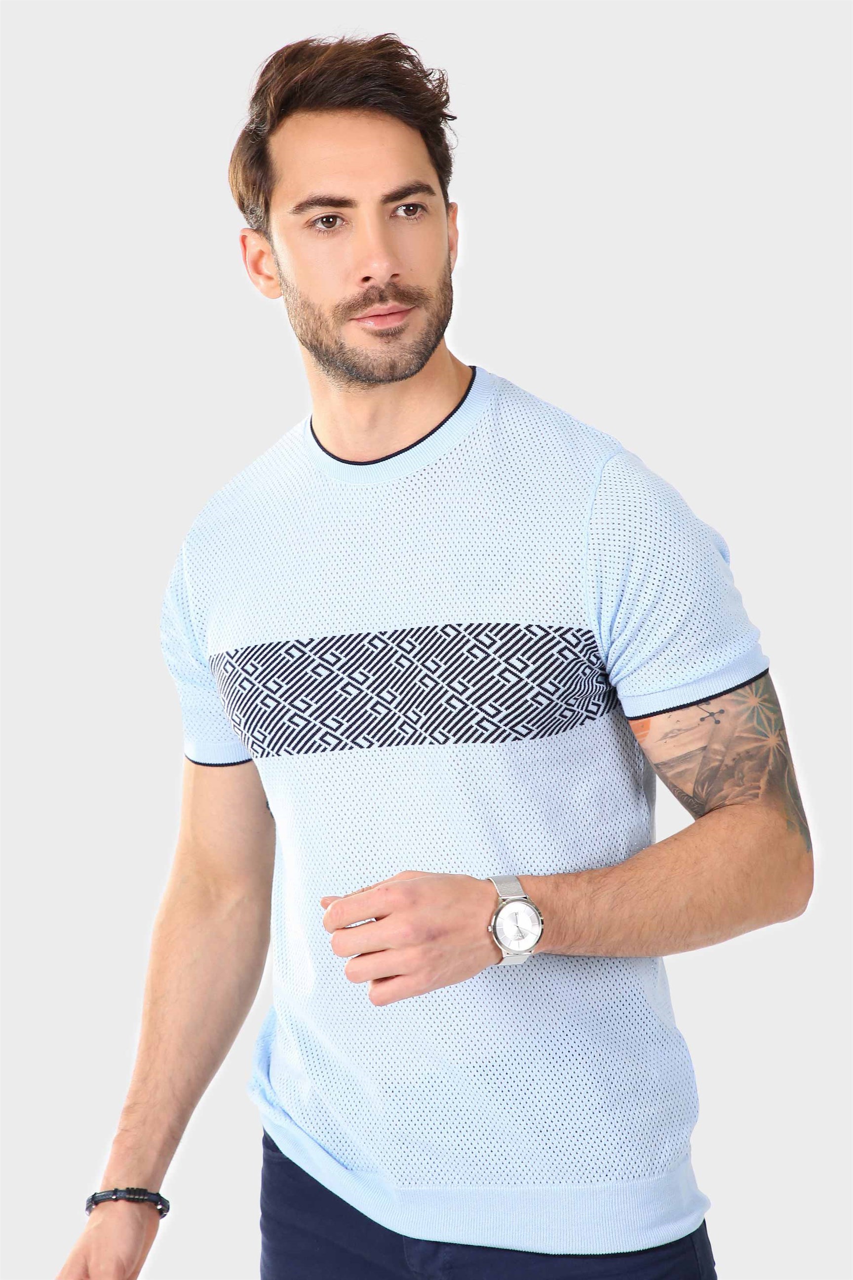 Ferraro Erkek Desenli Delikli Bisiklet Yaka Triko T Shirt - Mavi Lacivert