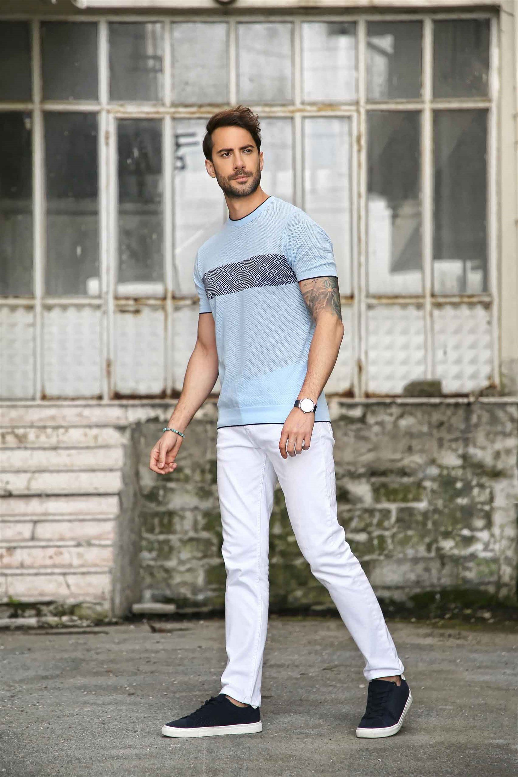 Ferraro Erkek Desenli Delikli Bisiklet Yaka Triko T Shirt - Mavi Lacivert