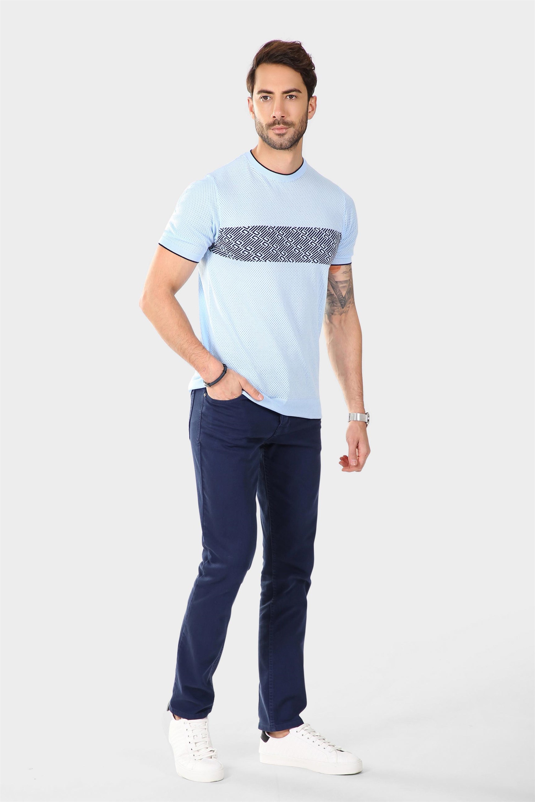 Ferraro Erkek Desenli Delikli Bisiklet Yaka Triko T Shirt - Mavi Lacivert