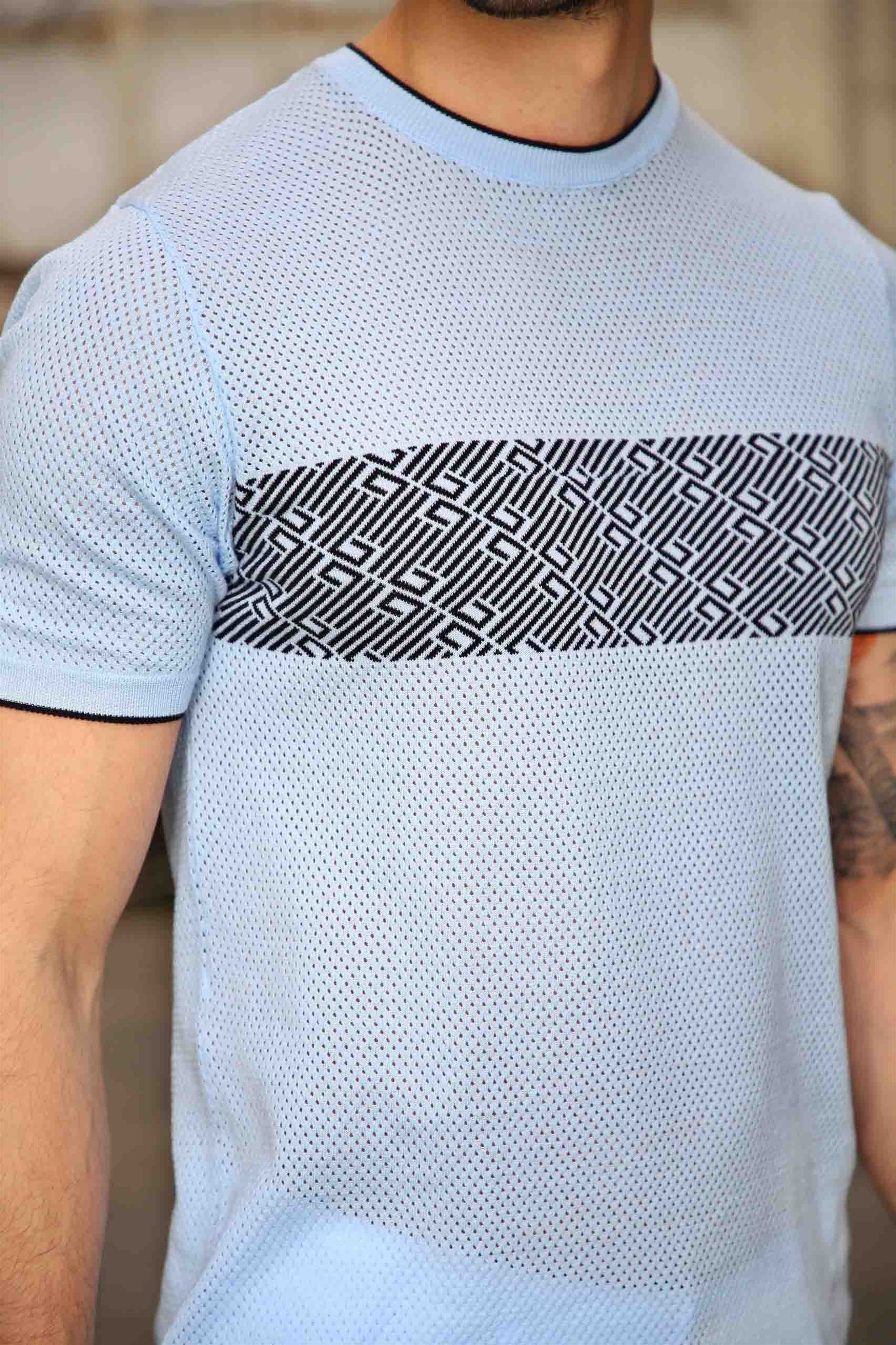 Ferraro Erkek Desenli Delikli Bisiklet Yaka Triko T Shirt - Mavi Lacivert