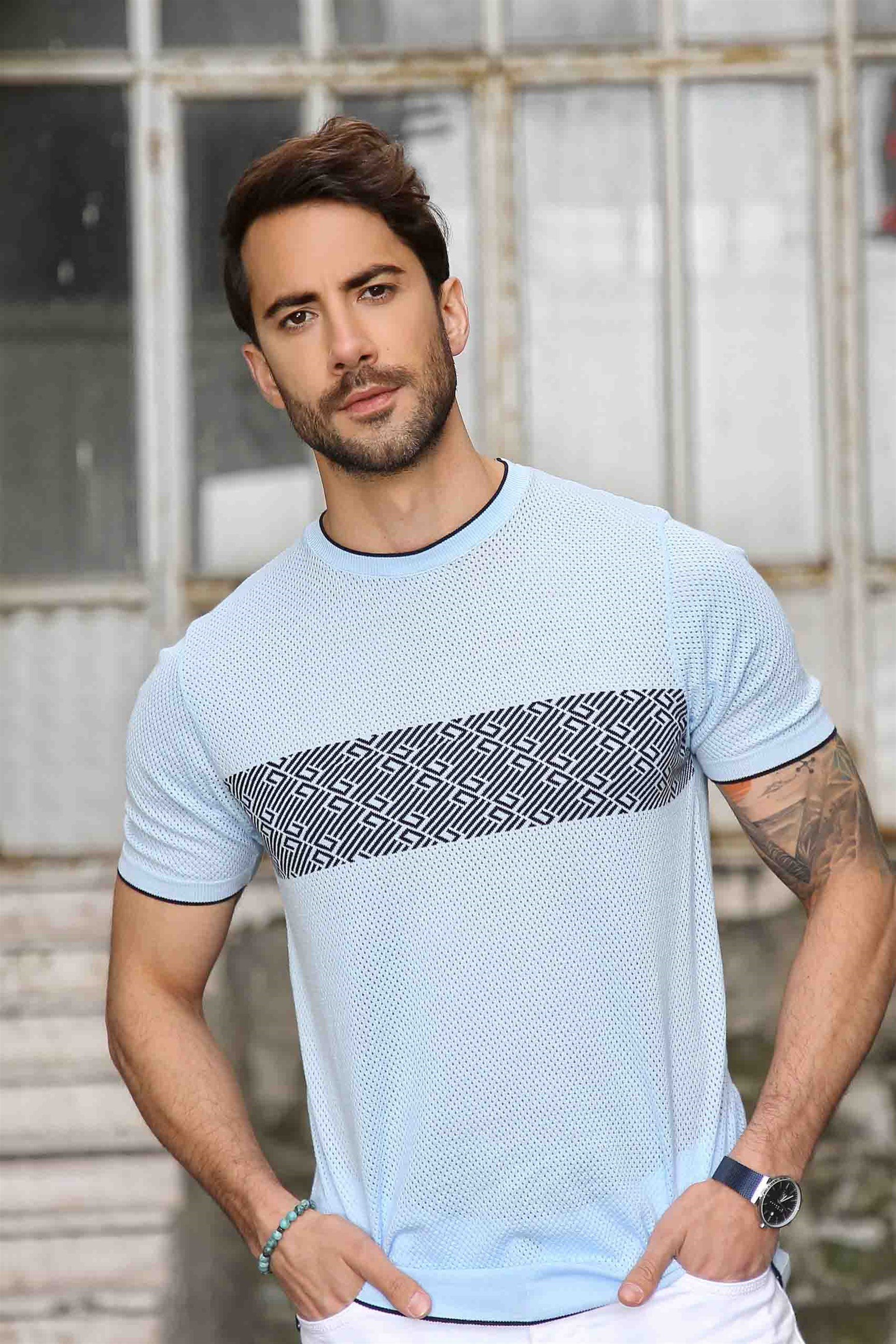 Ferraro Erkek Desenli Delikli Bisiklet Yaka Triko T Shirt - Mavi Lacivert