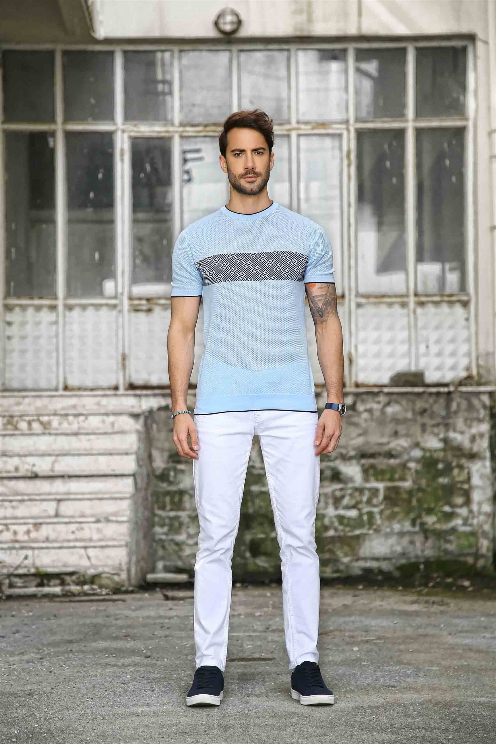 Ferraro Erkek Desenli Delikli Bisiklet Yaka Triko T Shirt - Mavi Lacivert