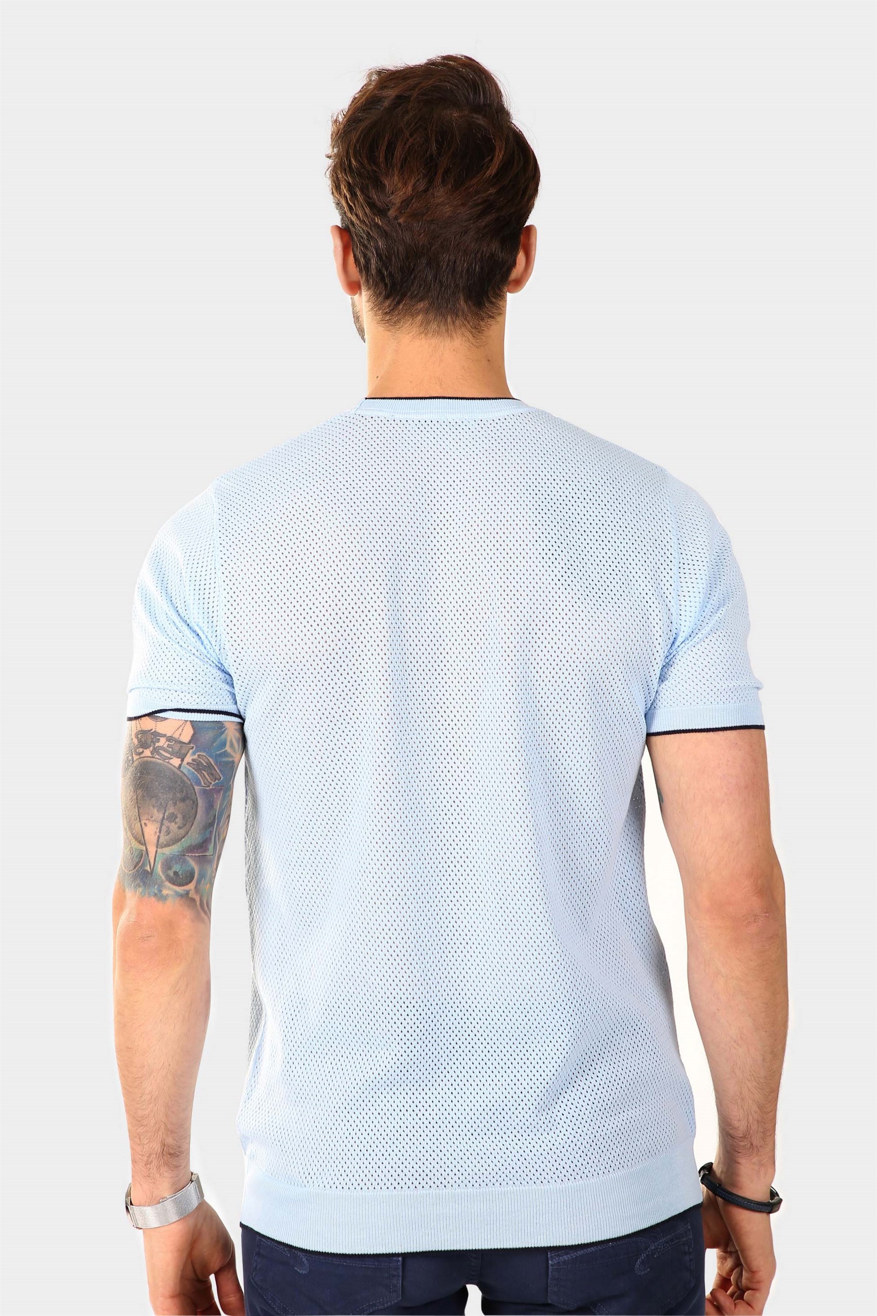 Ferraro Erkek Desenli Delikli Bisiklet Yaka Triko T Shirt - Mavi Lacivert