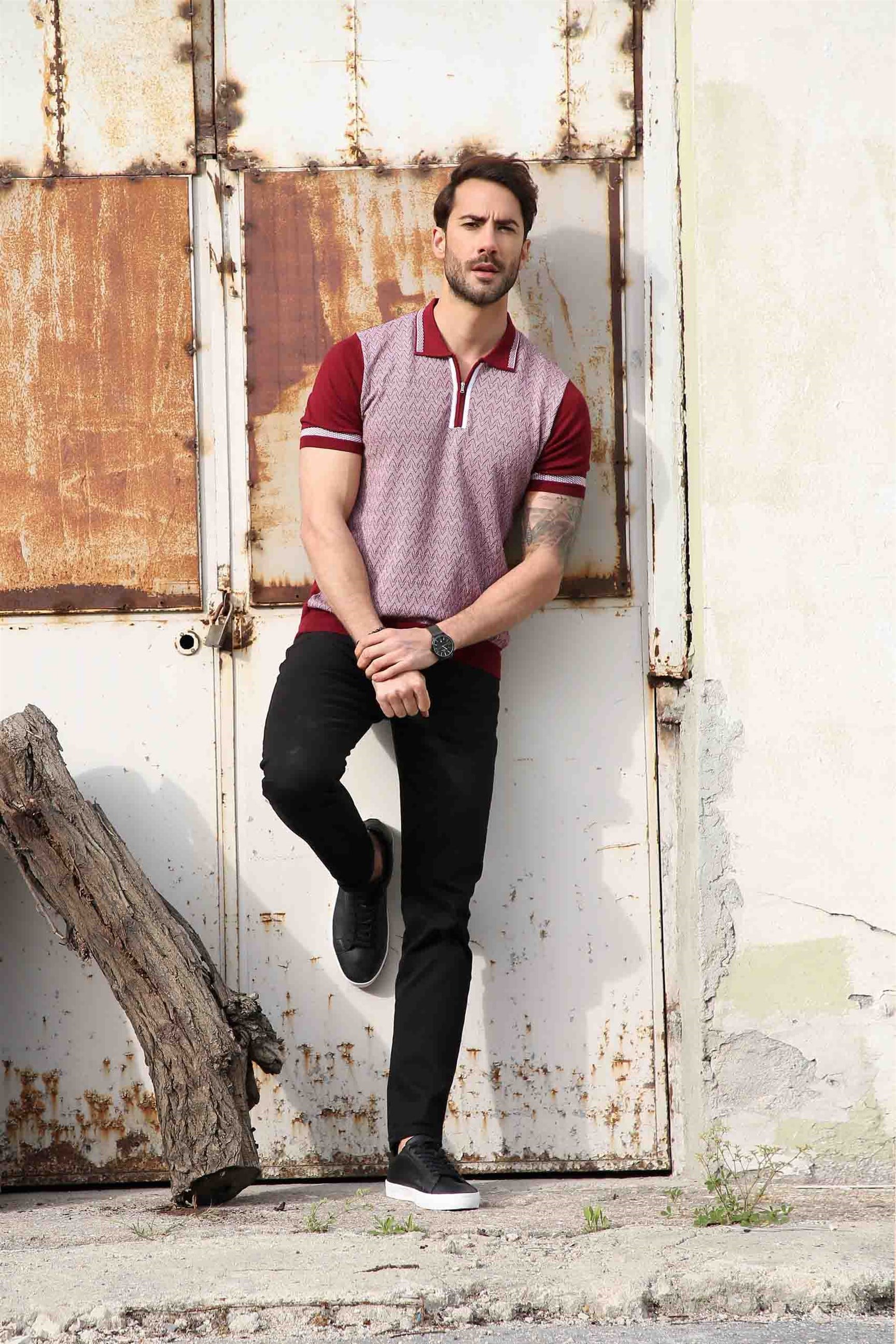 Ferraro Erkek Desenli Yakası Çizgili Polo Yaka Triko T Shirt - Bordo