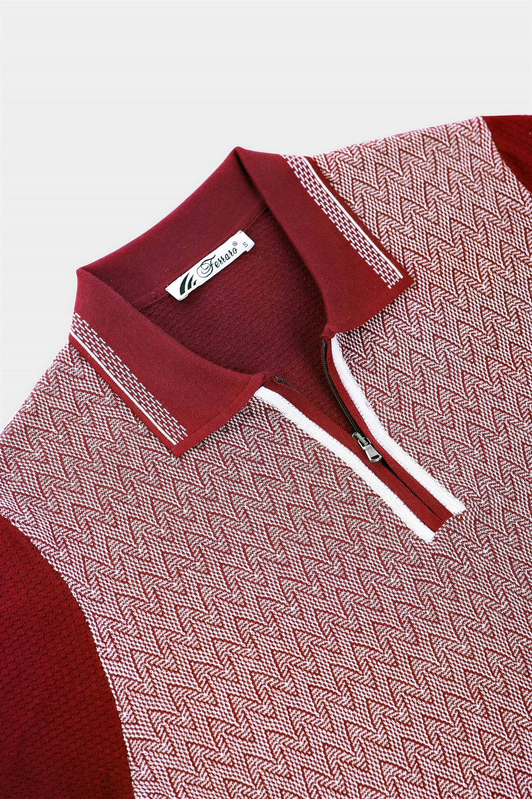 Ferraro Erkek Desenli Yakası Çizgili Polo Yaka Triko T Shirt - Bordo