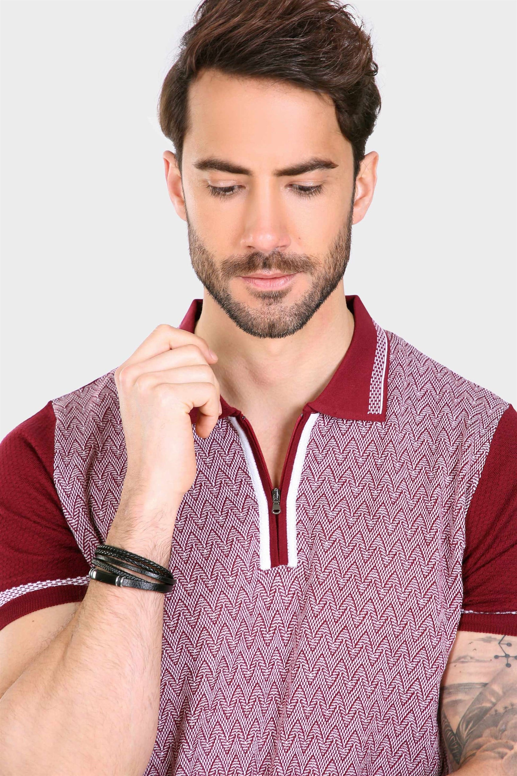 Ferraro Erkek Desenli Yakası Çizgili Polo Yaka Triko T Shirt - Bordo