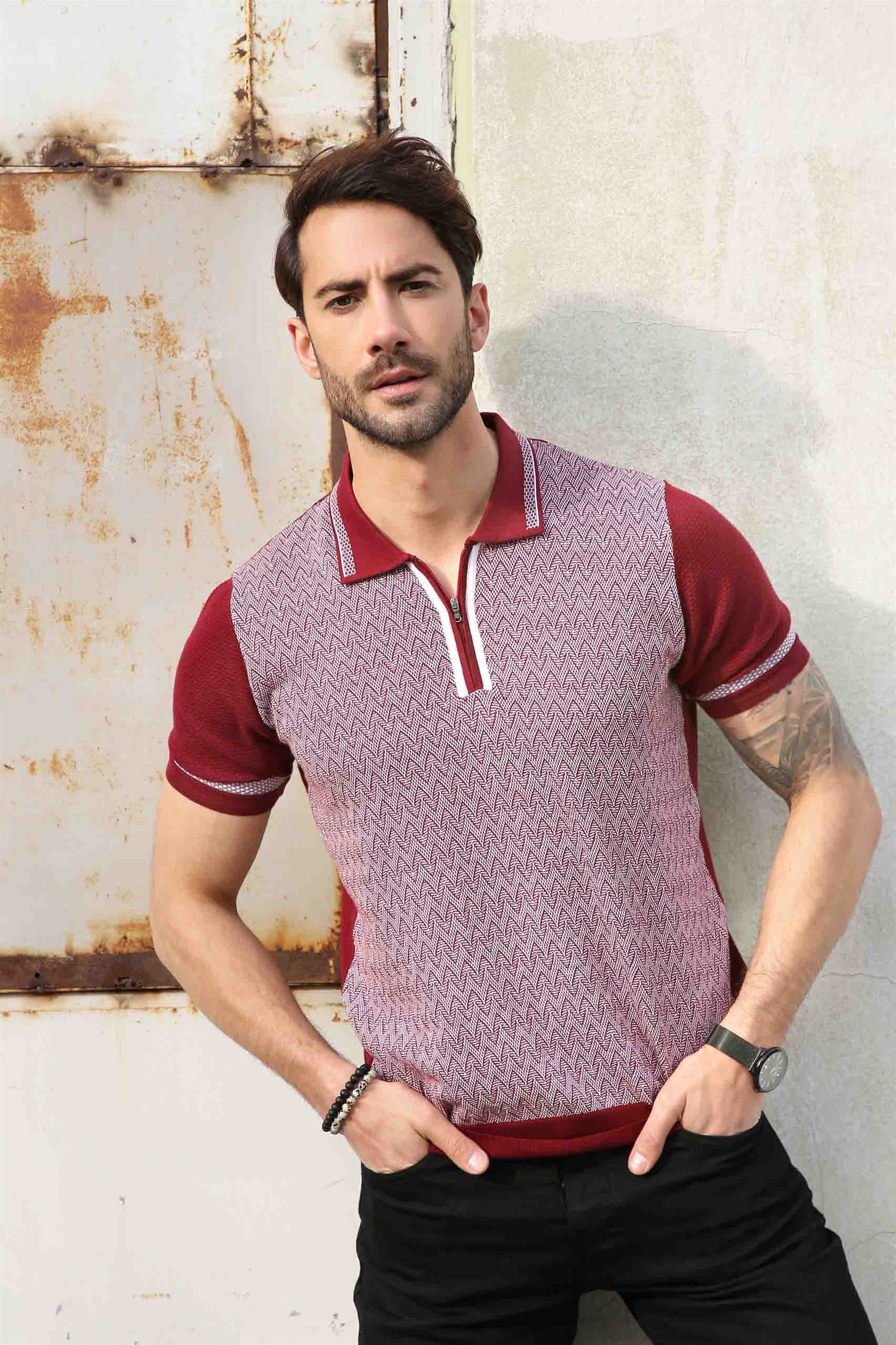 Ferraro Erkek Desenli Yakası Çizgili Polo Yaka Triko T Shirt - Bordo