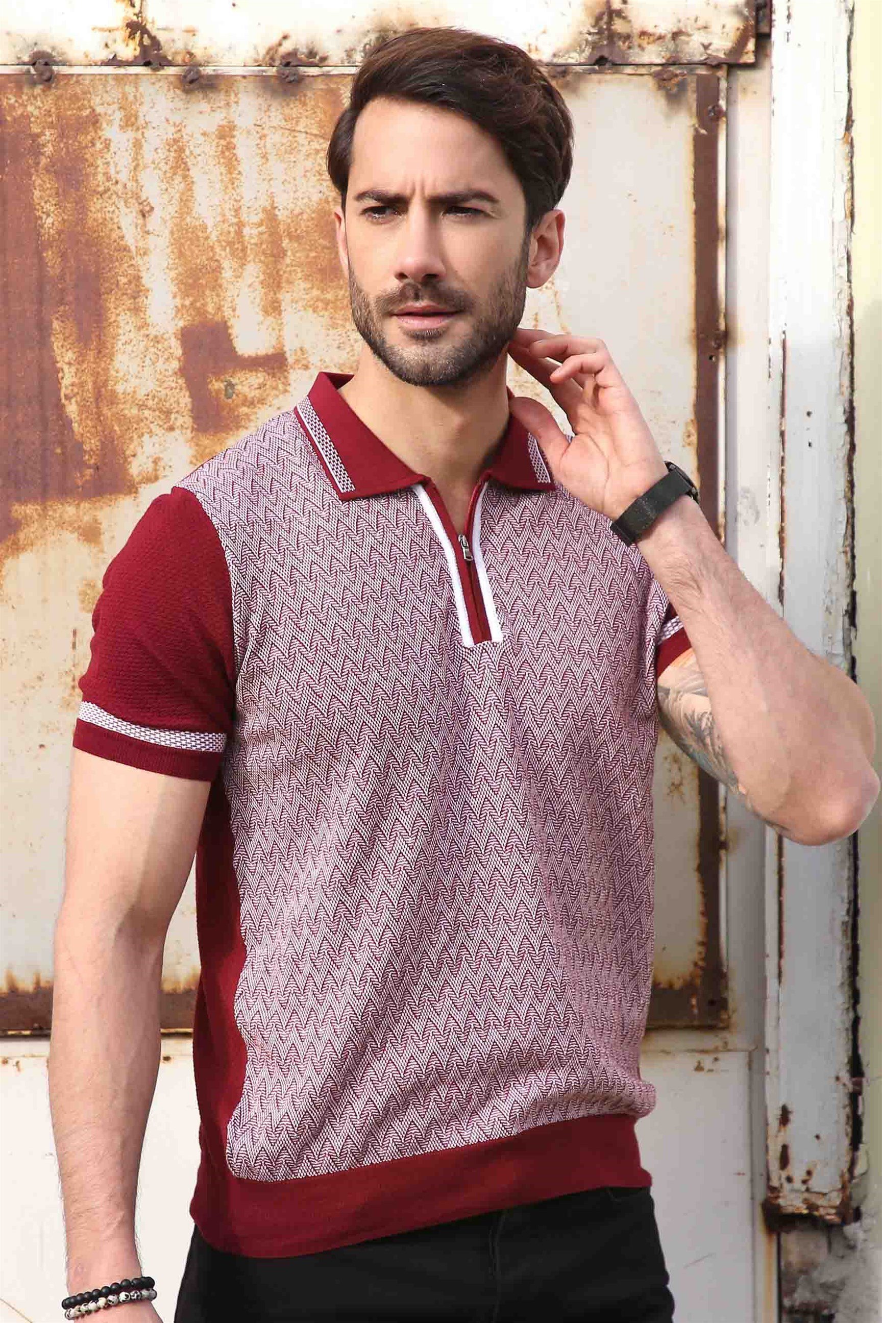 Ferraro Erkek Desenli Yakası Çizgili Polo Yaka Triko T Shirt - Bordo