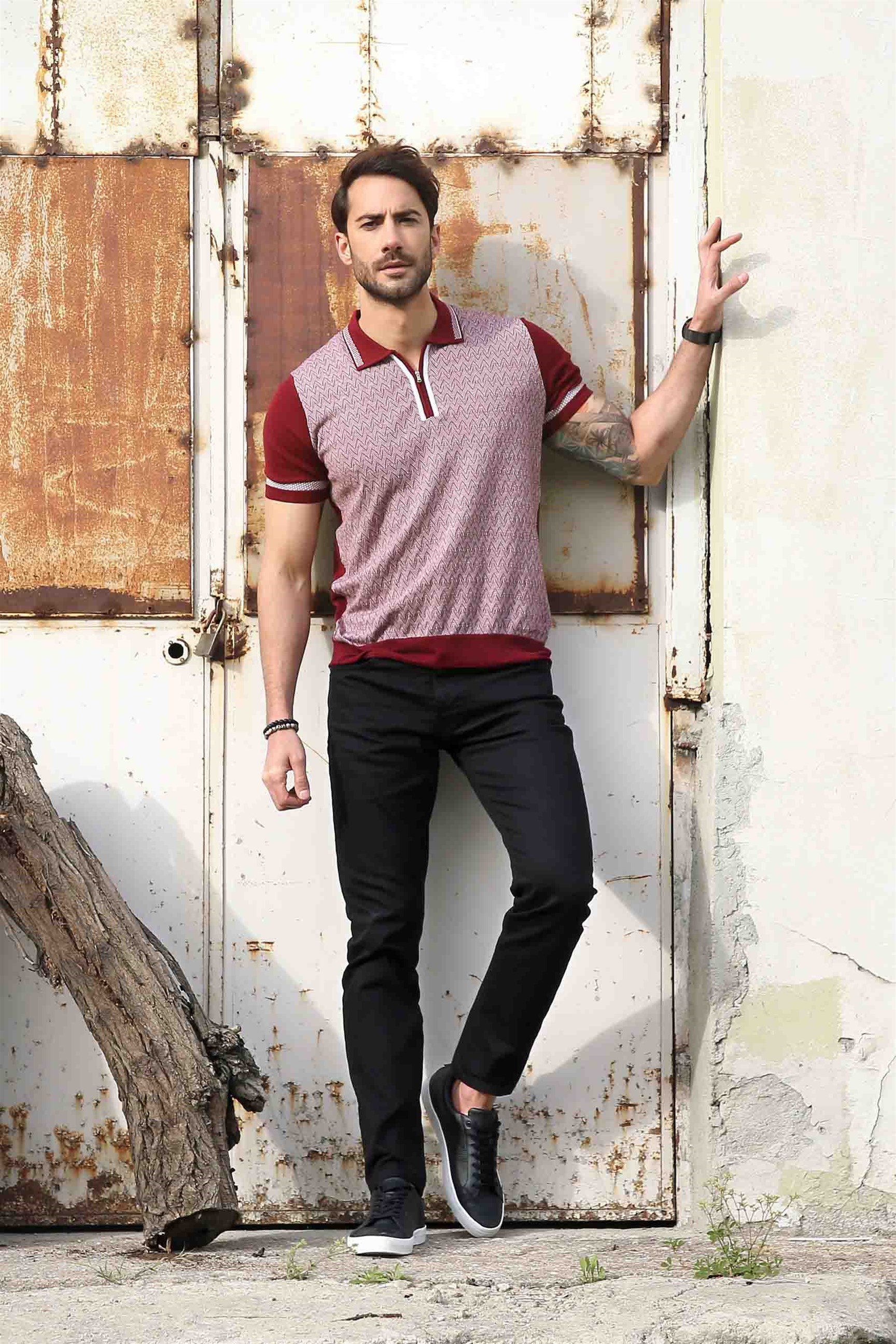 Ferraro Erkek Desenli Yakası Çizgili Polo Yaka Triko T Shirt - Bordo