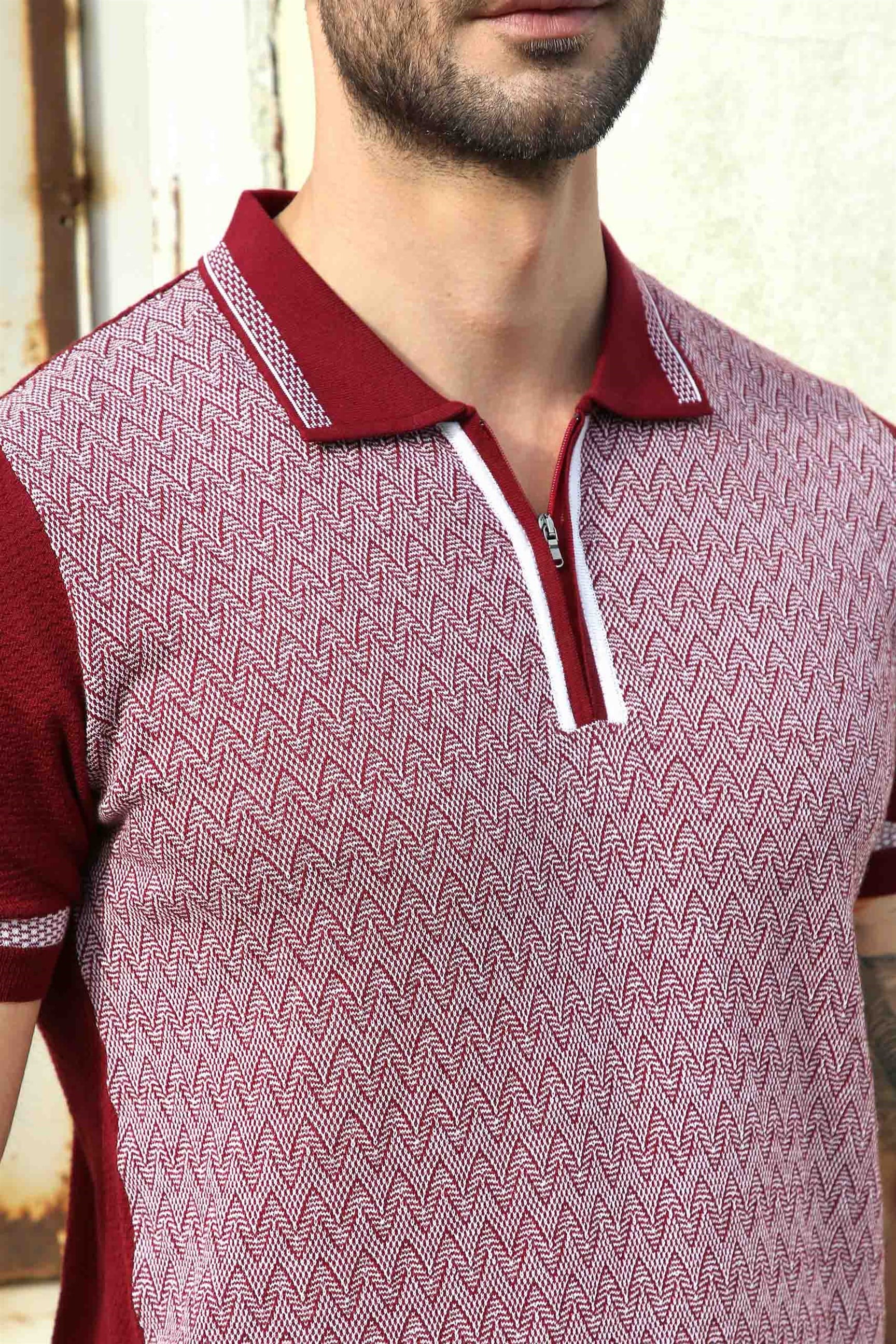 Ferraro Erkek Desenli Yakası Çizgili Polo Yaka Triko T Shirt - Bordo