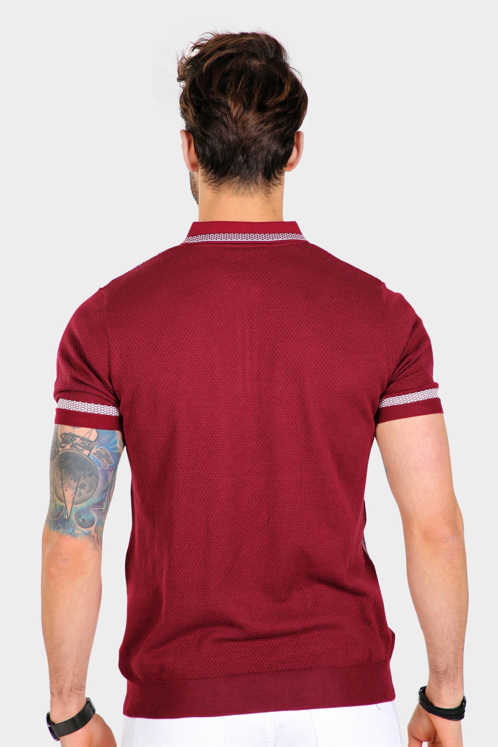 Ferraro Erkek Desenli Yakası Çizgili Polo Yaka Triko T Shirt - Bordo