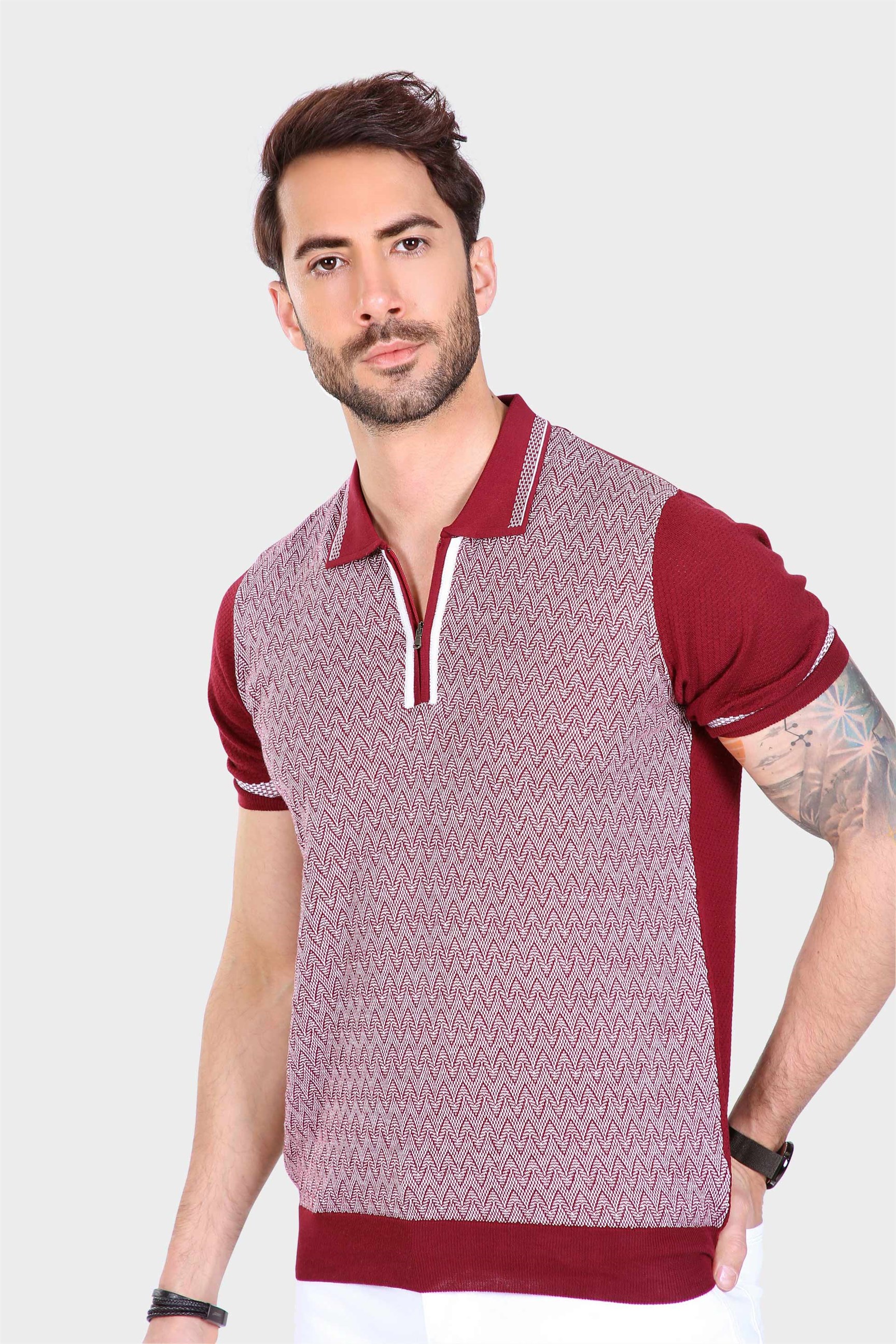 Ferraro Erkek Desenli Yakası Çizgili Polo Yaka Triko T Shirt - Bordo