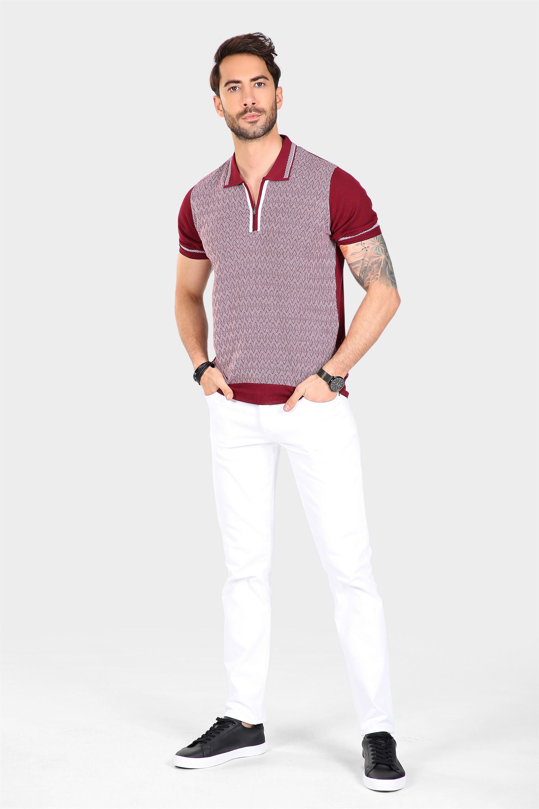 Ferraro Erkek Desenli Yakası Çizgili Polo Yaka Triko T Shirt - Bordo