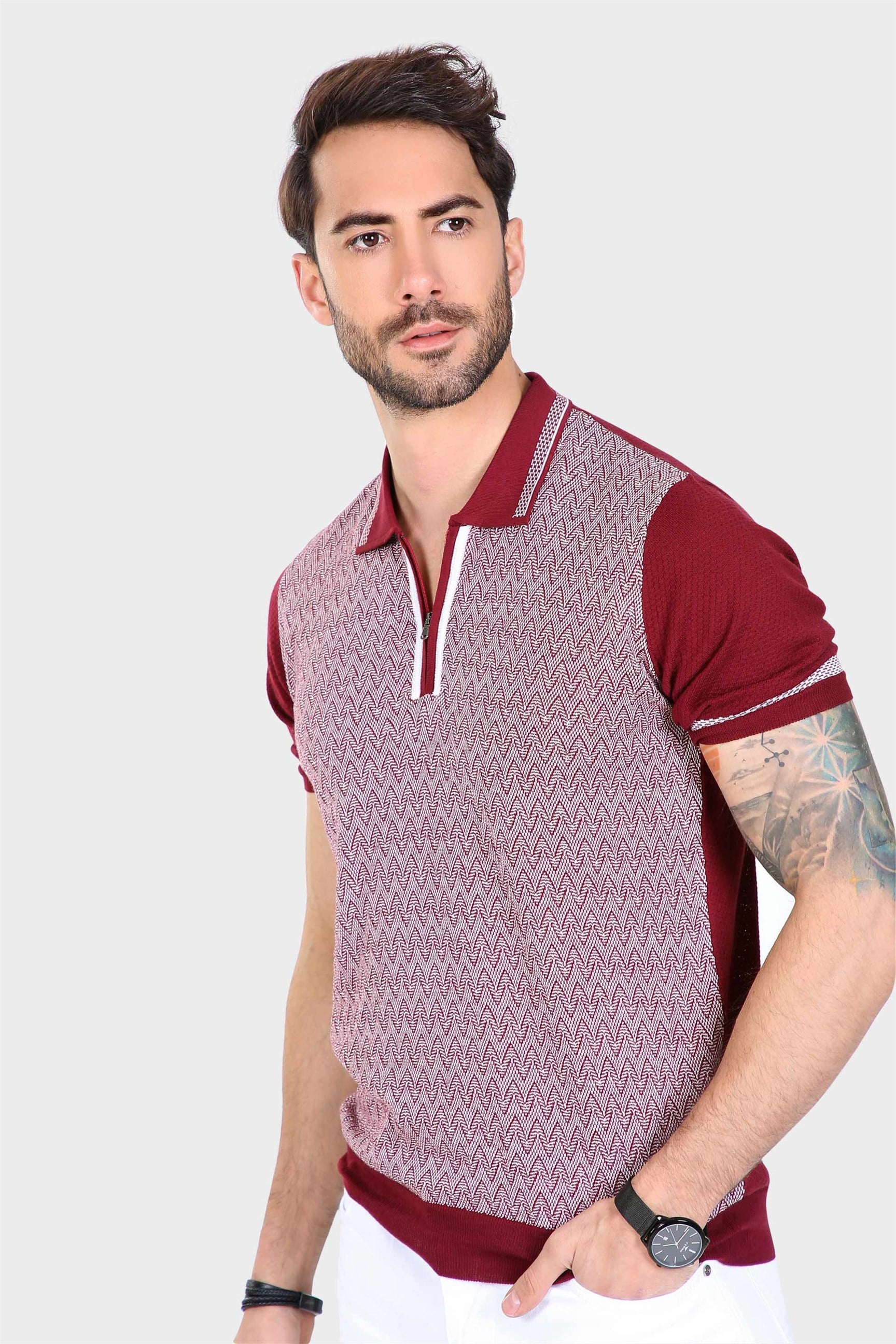 Ferraro Erkek Desenli Yakası Çizgili Polo Yaka Triko T Shirt - Bordo
